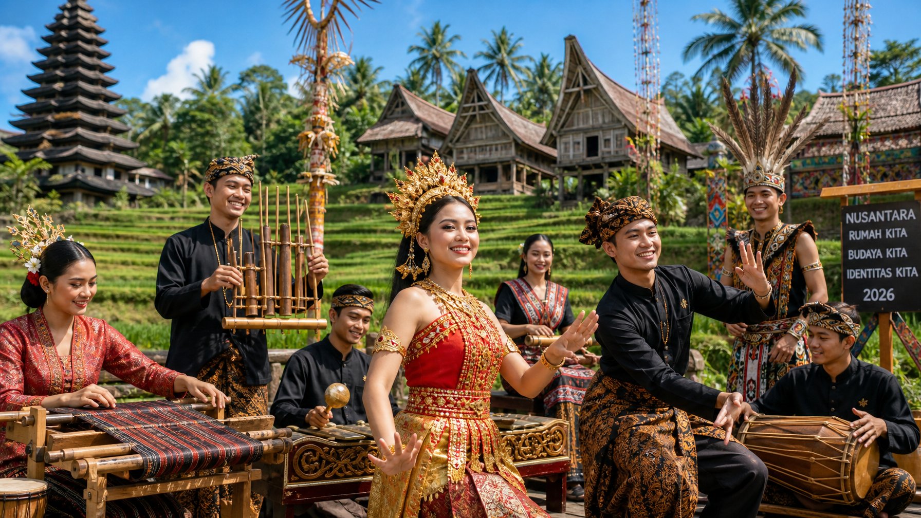 Sekelompok anak muda Indonesia mengenakan pakaian adat dari berbagai daerah sedang melakukan kegiatan budaya di lingkungan yang alami dengan latar sawah dan rumah tradisional.