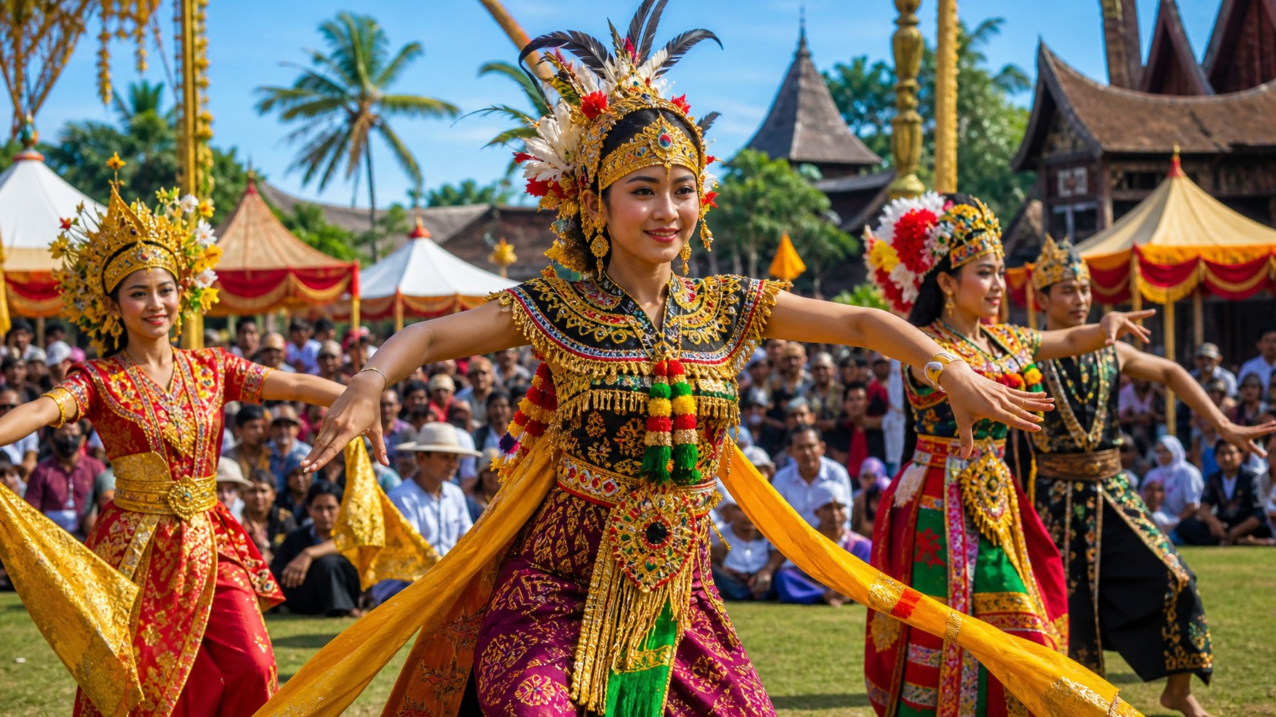 Suasana festival budaya Indonesia dengan penari tradisional mengenakan kostum warna-warni dan pengunjung yang menikmati acara di luar ruangan.