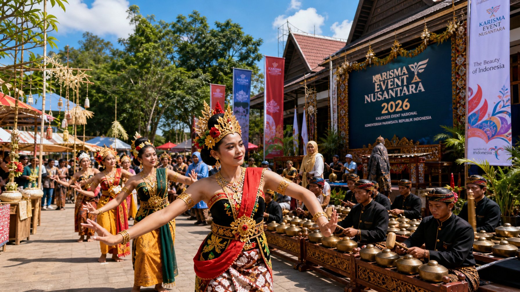 Suasana festival budaya Indonesia dengan penari tradisional, musisi, dan pengunjung mengenakan pakaian adat di luar ruangan.