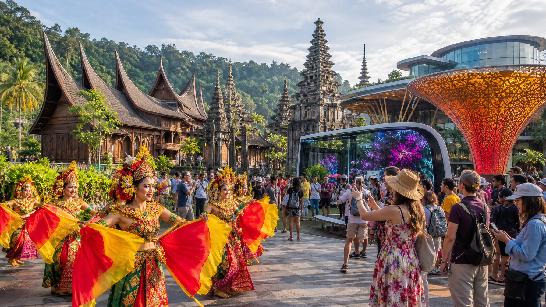 Suasana festival budaya Indonesia yang menggabungkan tarian tradisional dengan atraksi wisata modern di luar ruangan, dikelilingi oleh bangunan tradisional dan modern serta pengunjung yang menikmati acara.