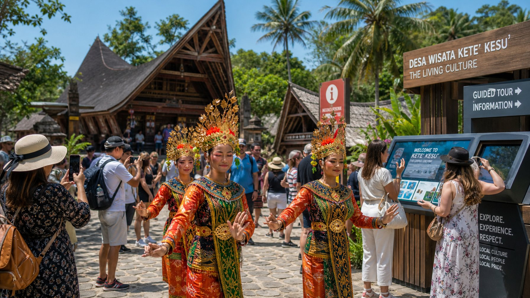 Suasana sebuah desa di Indonesia dengan penari tradisional mengenakan kostum warna-warni tampil di depan wisatawan modern yang sedang berfoto dan menikmati atraksi budaya.
