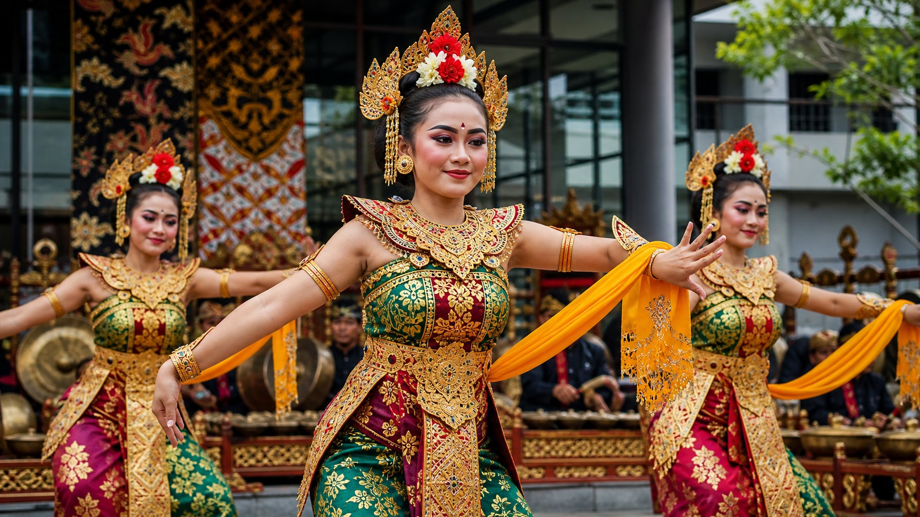Pertunjukan tari tradisional Indonesia dengan penari mengenakan kostum warna-warni dan alat musik tradisional di latar belakang.