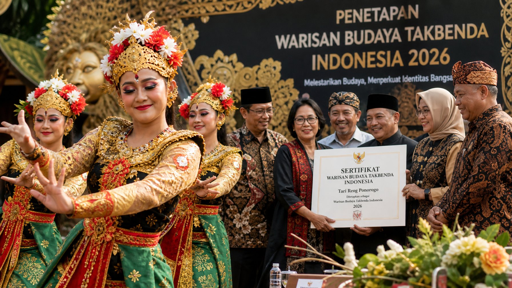 Pertunjukan tari tradisional Indonesia dengan penari mengenakan kostum berwarna-warni, dikelilingi oleh sekelompok orang yang melakukan dan mengamati, menggambarkan proses warisan budaya tak benda.