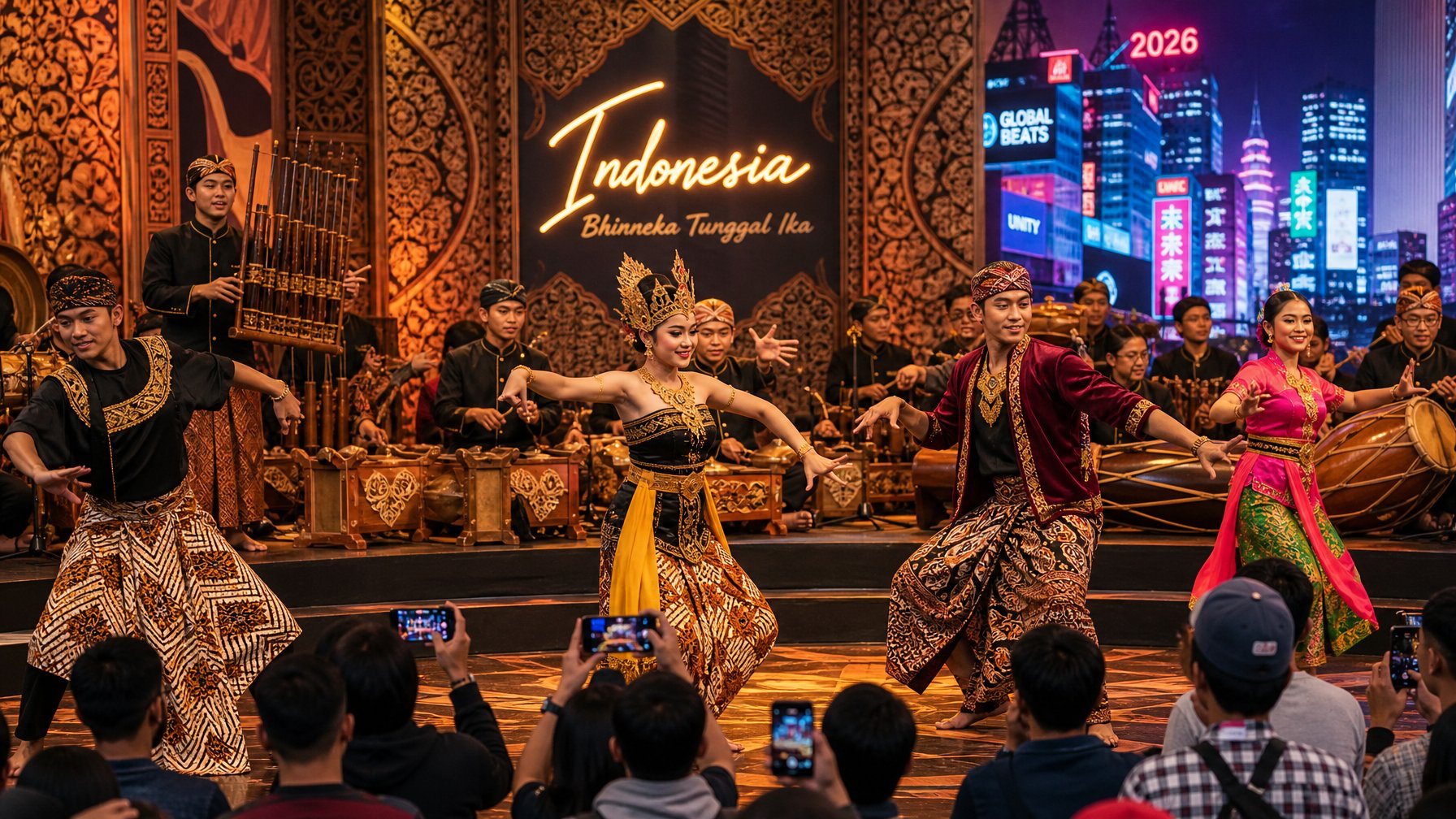 Sekelompok penari dan musisi tradisional Indonesia mengenakan pakaian adat sedang tampil di atas panggung dengan latar belakang kota modern dan penonton berbusana kasual.