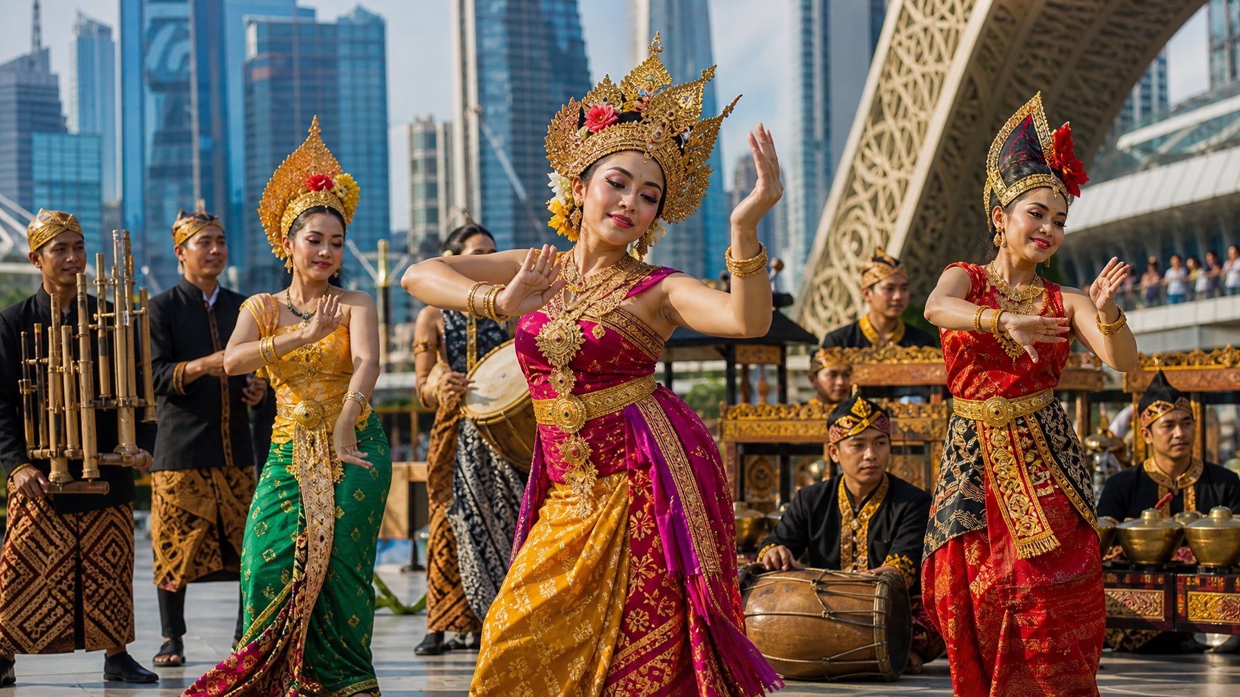 Kelompok penari dan musisi yang mengenakan pakaian tradisional Indonesia sedang menampilkan tarian dan musik daerah dengan latar belakang yang menunjukkan perpaduan budaya tradisional dan modern.