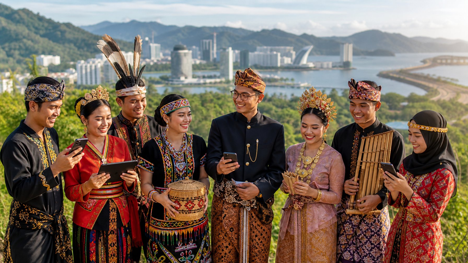 Sekelompok orang dari berbagai suku Nusantara mengenakan pakaian tradisional berwarna-warni, berdiri bersama di luar ruangan dengan latar pemandangan alam dan unsur modern yang samar.