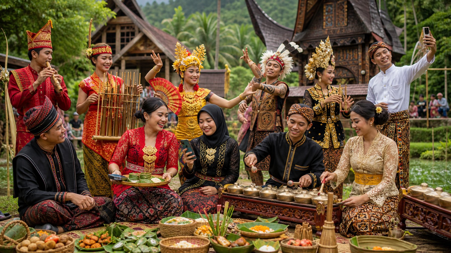 Sekelompok orang dari berbagai suku di Indonesia mengenakan pakaian tradisional sedang berkumpul di luar ruangan dengan latar pepohonan dan rumah adat, melakukan aktivitas budaya bersama.