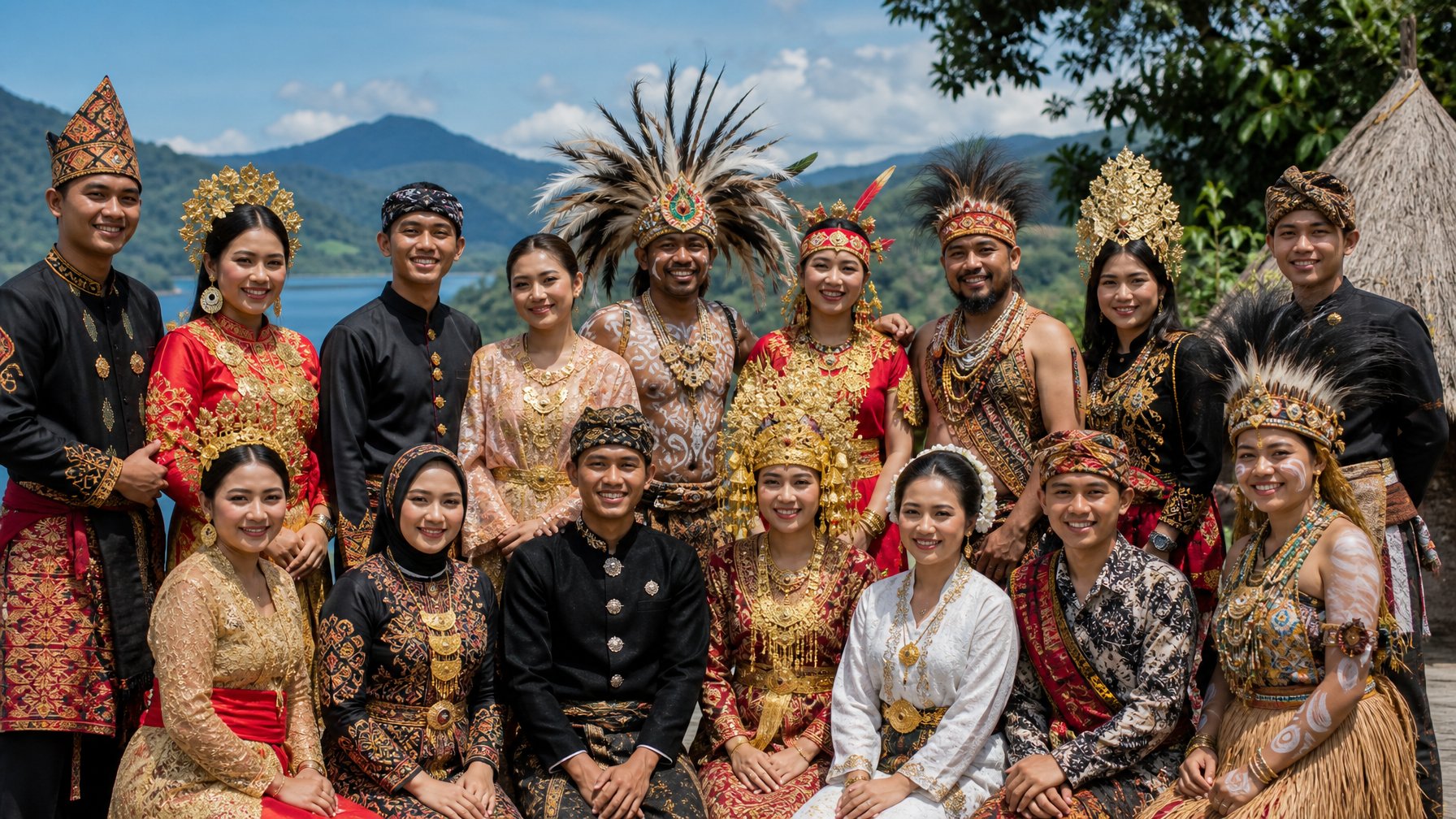 Sekelompok orang Indonesia dari berbagai suku pakaian tradisional khas Sumatera hingga Papua, berdiri bersama di luar ruangan dengan latar alam yang beragam.