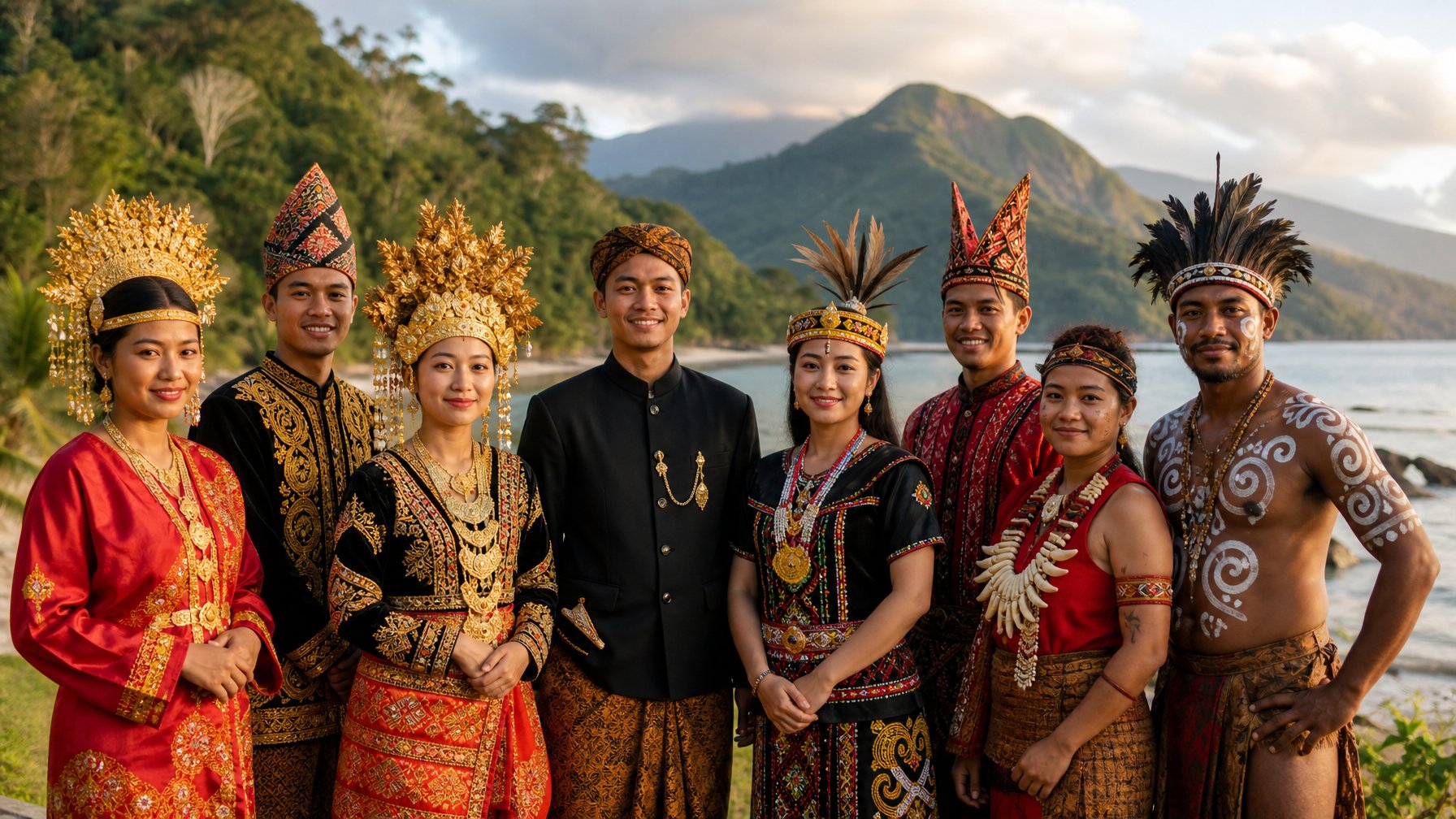 Sekelompok orang Indonesia dari berbagai suku besar Nusantara mengenakan pakaian tradisional khas masing-masing, berdiri bersama di luar ruangan dengan latar belakang alam tropis.