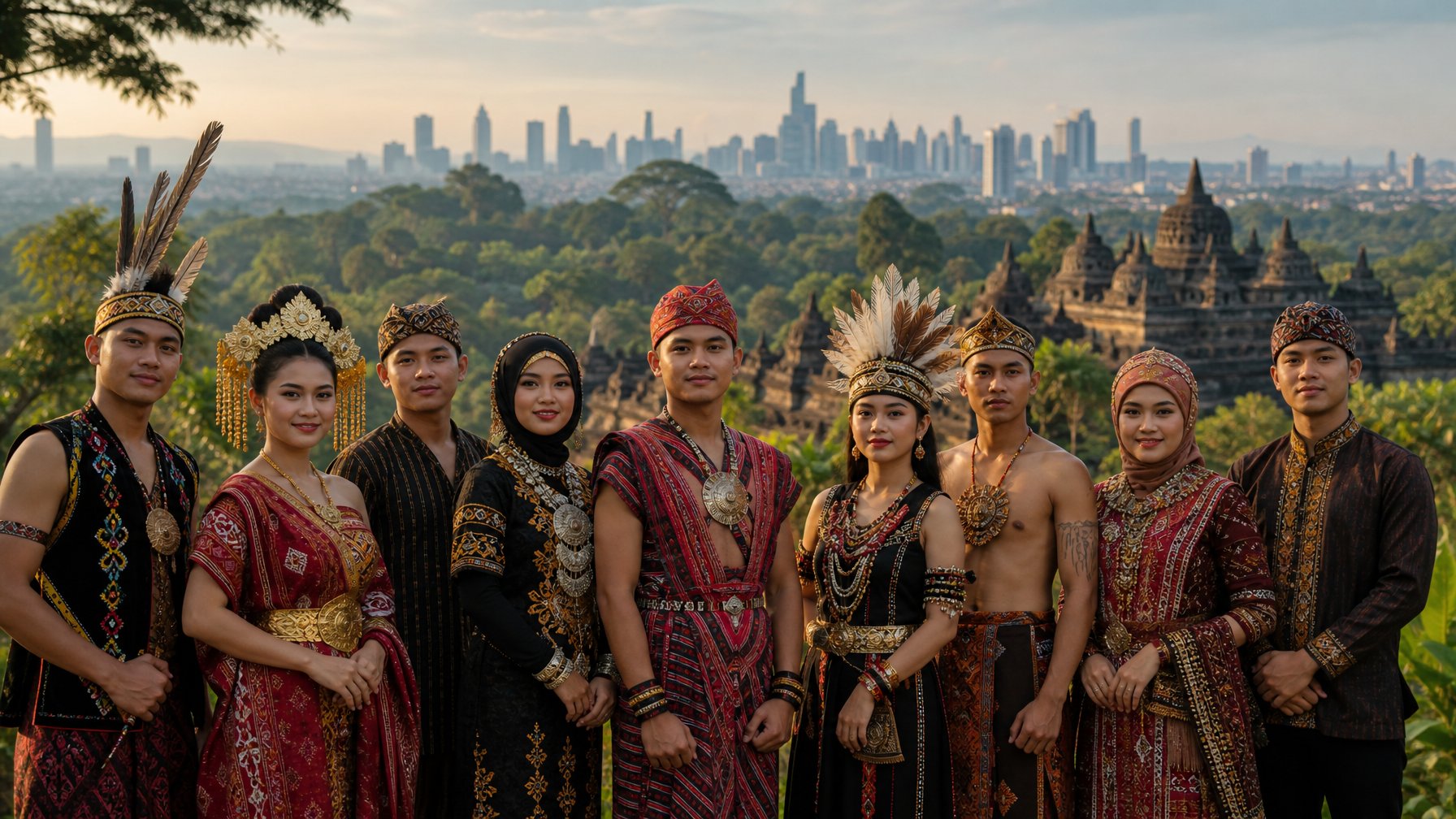 Sekelompok orang dari berbagai suku Nusantara mengenakan pakaian tradisional yang berdiri di alam terbuka dengan latar hutan tropis dan bangunan budaya.