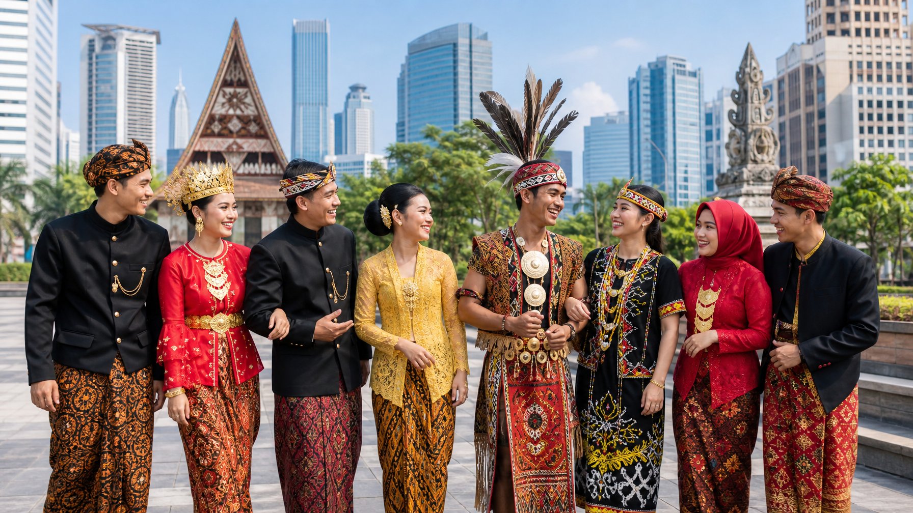 Sekelompok orang Indonesia dengan pakaian adat dari berbagai suku Nusantara berdiri bersama di lingkungan perkotaan modern, menunjukkan keberagaman budaya dan kebersamaan.