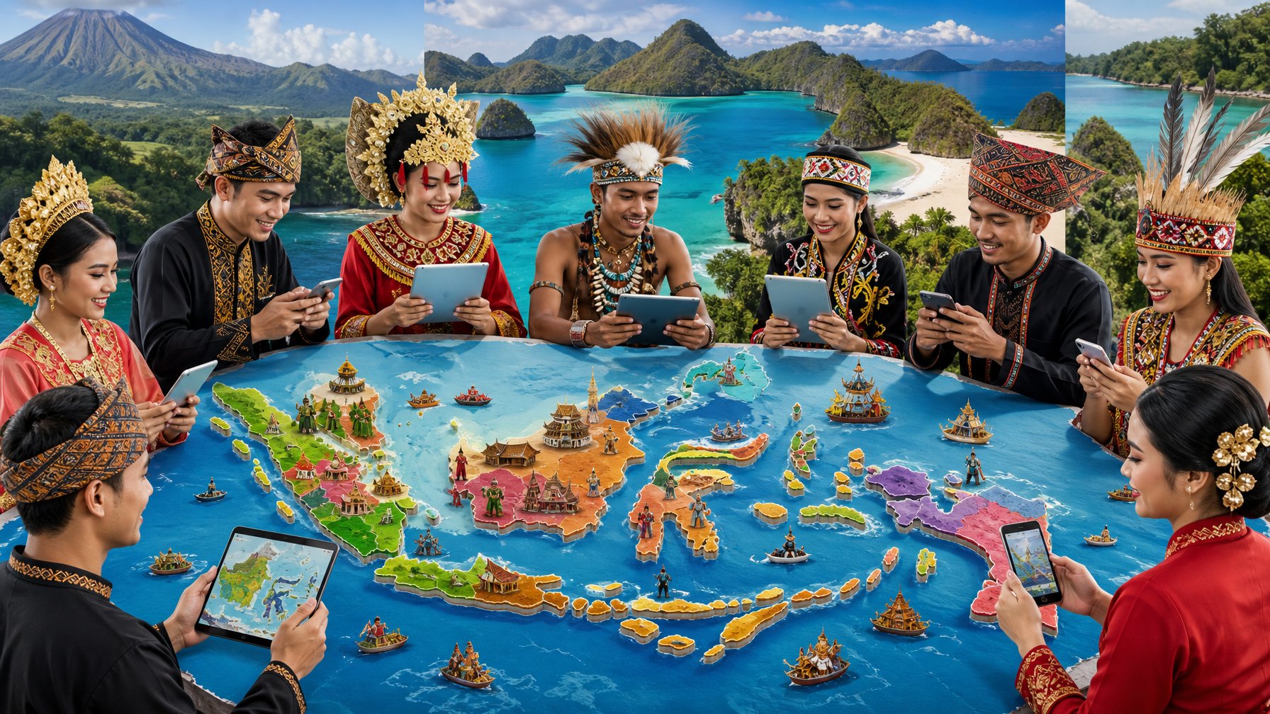 Peta Indonesia dengan berbagai kelompok etnis yang memakai pakaian tradisional dan menggunakan perangkat digital di sekitarnya.