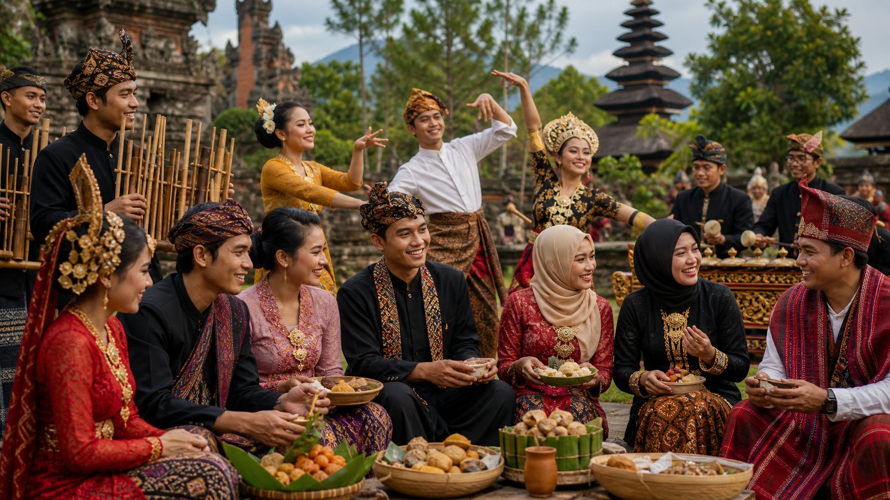 Sekelompok orang dari berbagai suku di Indonesia mengenakan pakaian tradisional sedang berkumpul dan melakukan aktivitas budaya di luar ruangan.