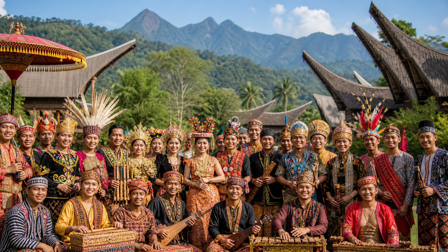 Sekelompok orang dari berbagai suku Nusantara mengenakan pakaian tradisional di luar ruangan dengan latar belakang pemandangan alam Indonesia.