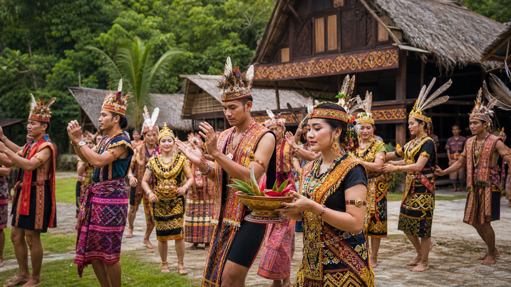 Orang-orang yang mengenakan pakaian tradisional suku Nusantara sedang melakukan upacara budaya di lingkungan alam terbuka dengan rumah adat di latar belakang.