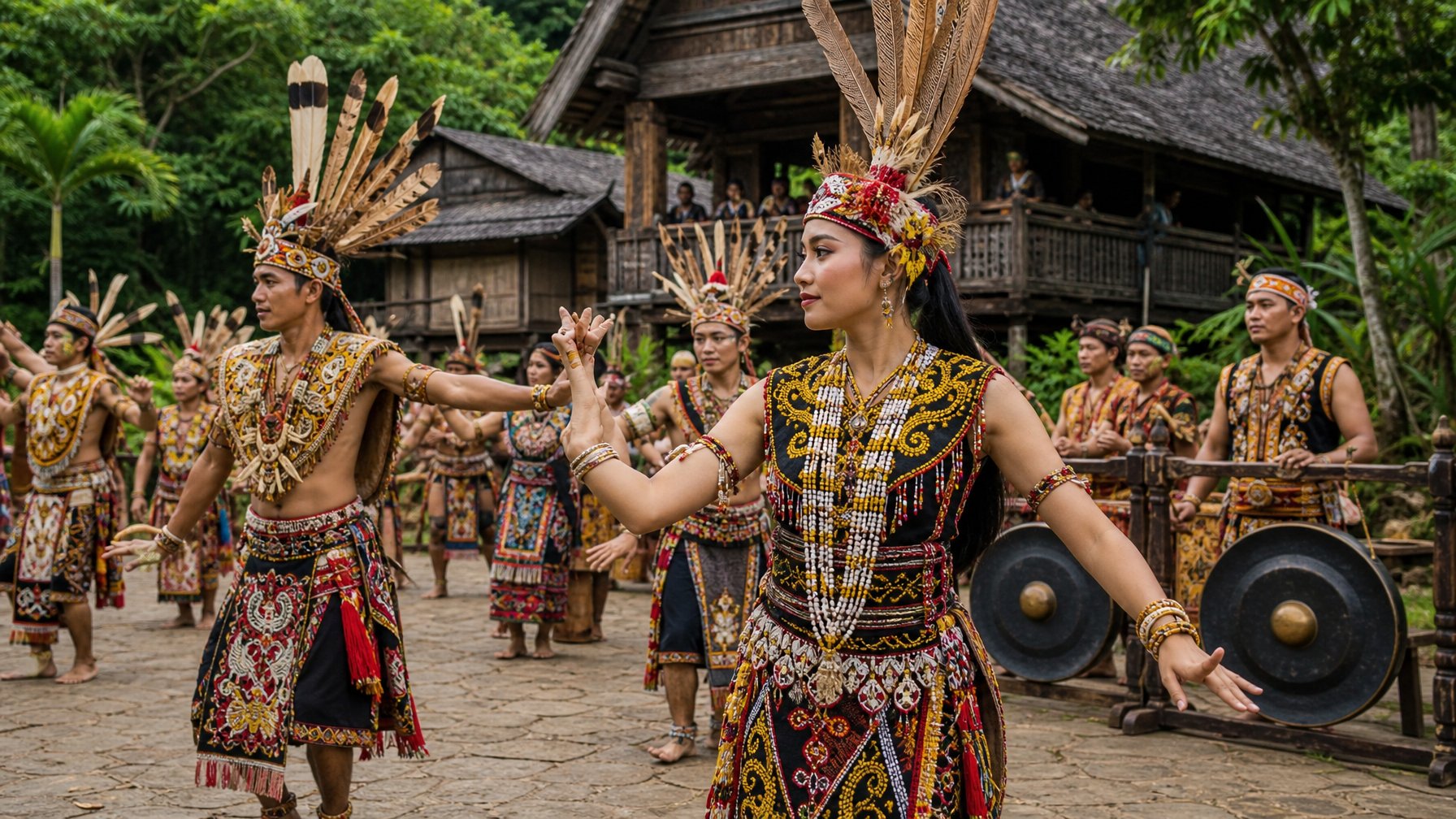Orang-orang suku Nusantara mengenakan pakaian tradisional sedang melakukan upacara adat di luar ruangan dengan rumah panggung dan pepohonan tropis di latar belakang.