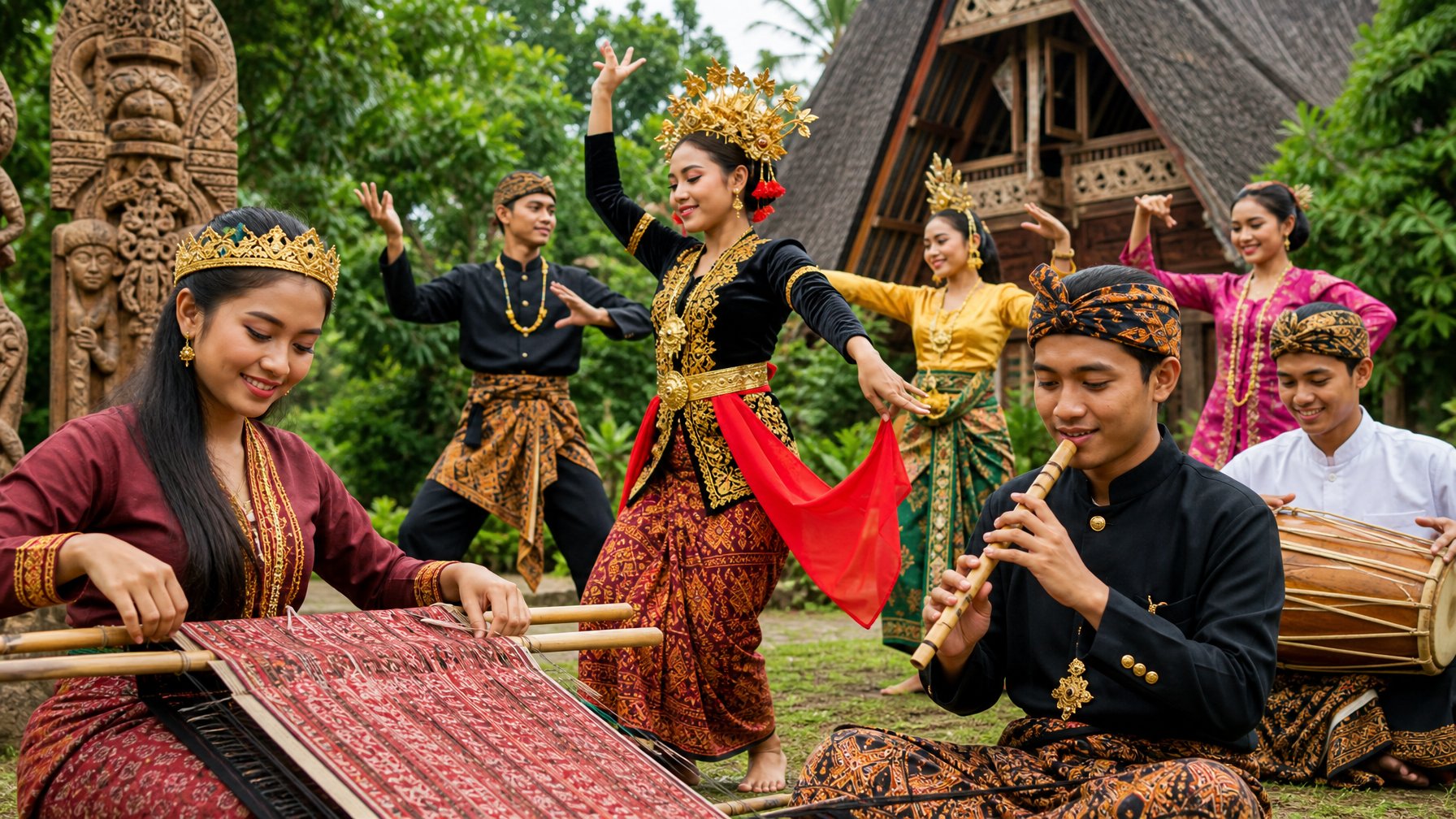Sekelompok pemuda Indonesia mengenakan pakaian tradisional sedang melakukan kegiatan budaya di luar ruangan dengan latar belakang arsitektur tradisional.