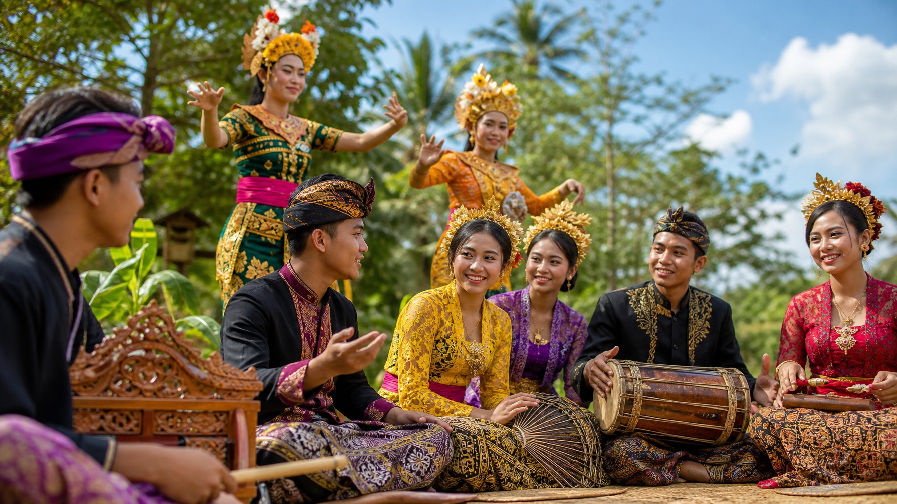 Sekelompok pemuda Nusantara mengenakan pakaian adat sedang berkumpul dan melakukan kegiatan budaya di luar ruangan.
