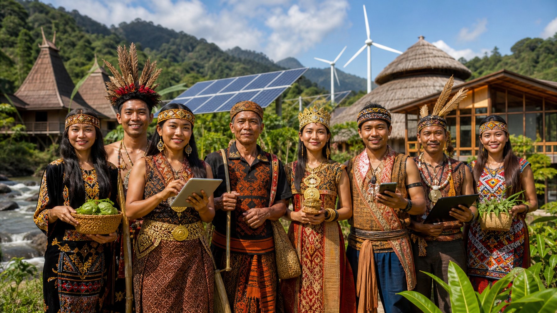 Sekelompok orang dari suku Nusantara mengenakan pakaian tradisional yang berdiri di lingkungan alam tropis dengan elemen teknologi modern seperti panel surya dan turbin angin di latar belakang.