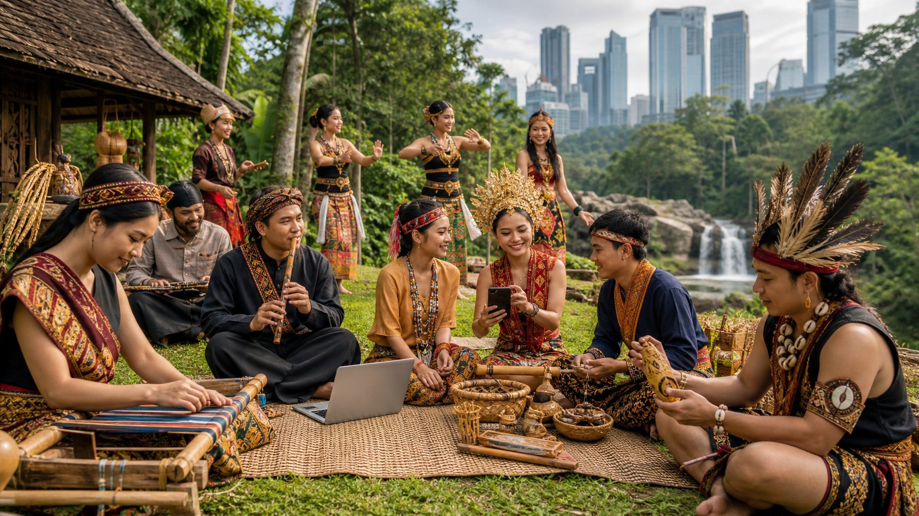 Sekelompok orang dari suku Nusantara mengenakan pakaian tradisional sedang melakukan aktivitas budaya di lingkungan yang menggabungkan alam dan elemen kota modern.