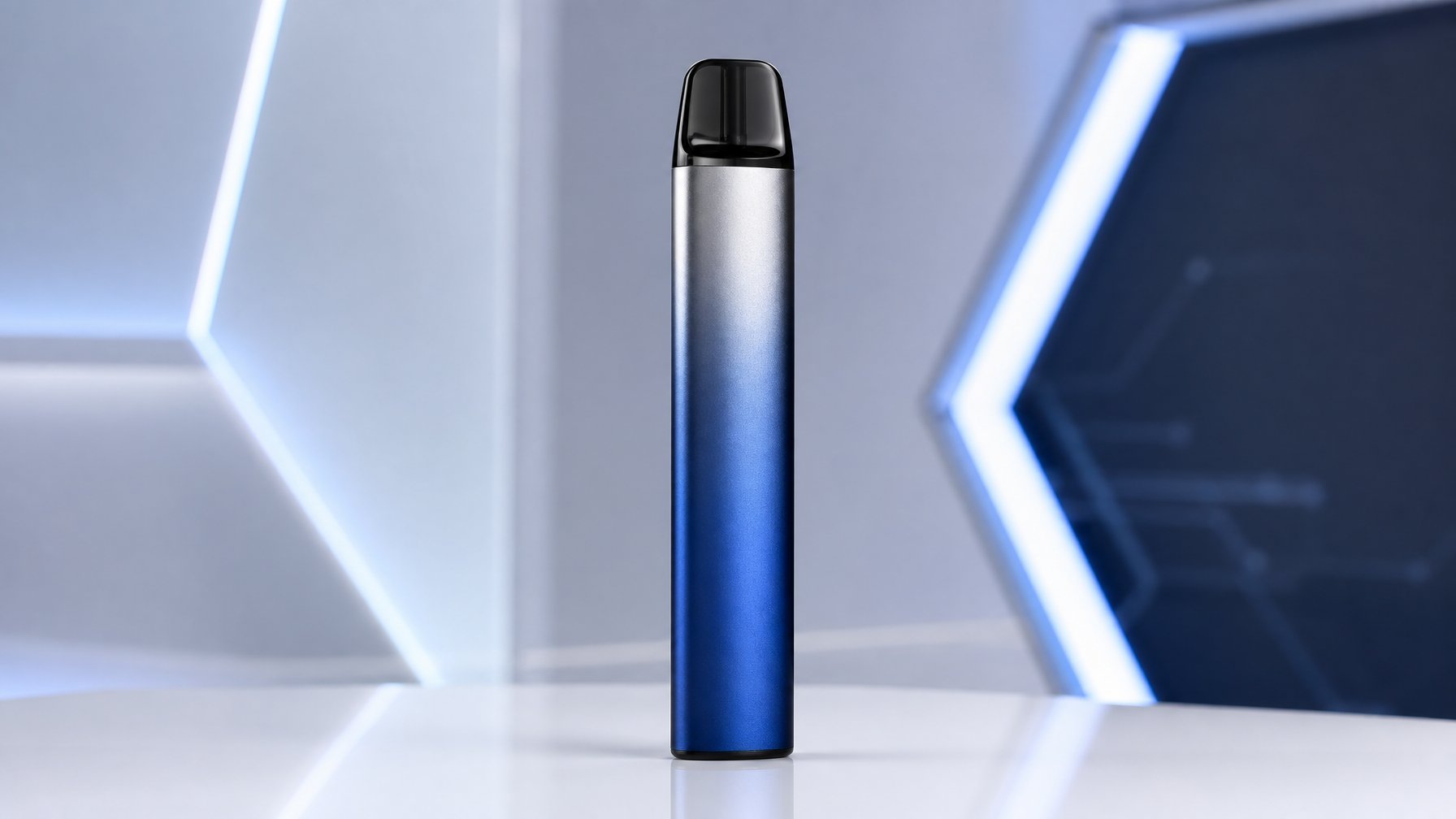 Sebuah perangkat vape sekali pakai terbaru tahun 2026 berdiri tegak di atas permukaan putih dengan latar belakang teknologi futuristik samar.