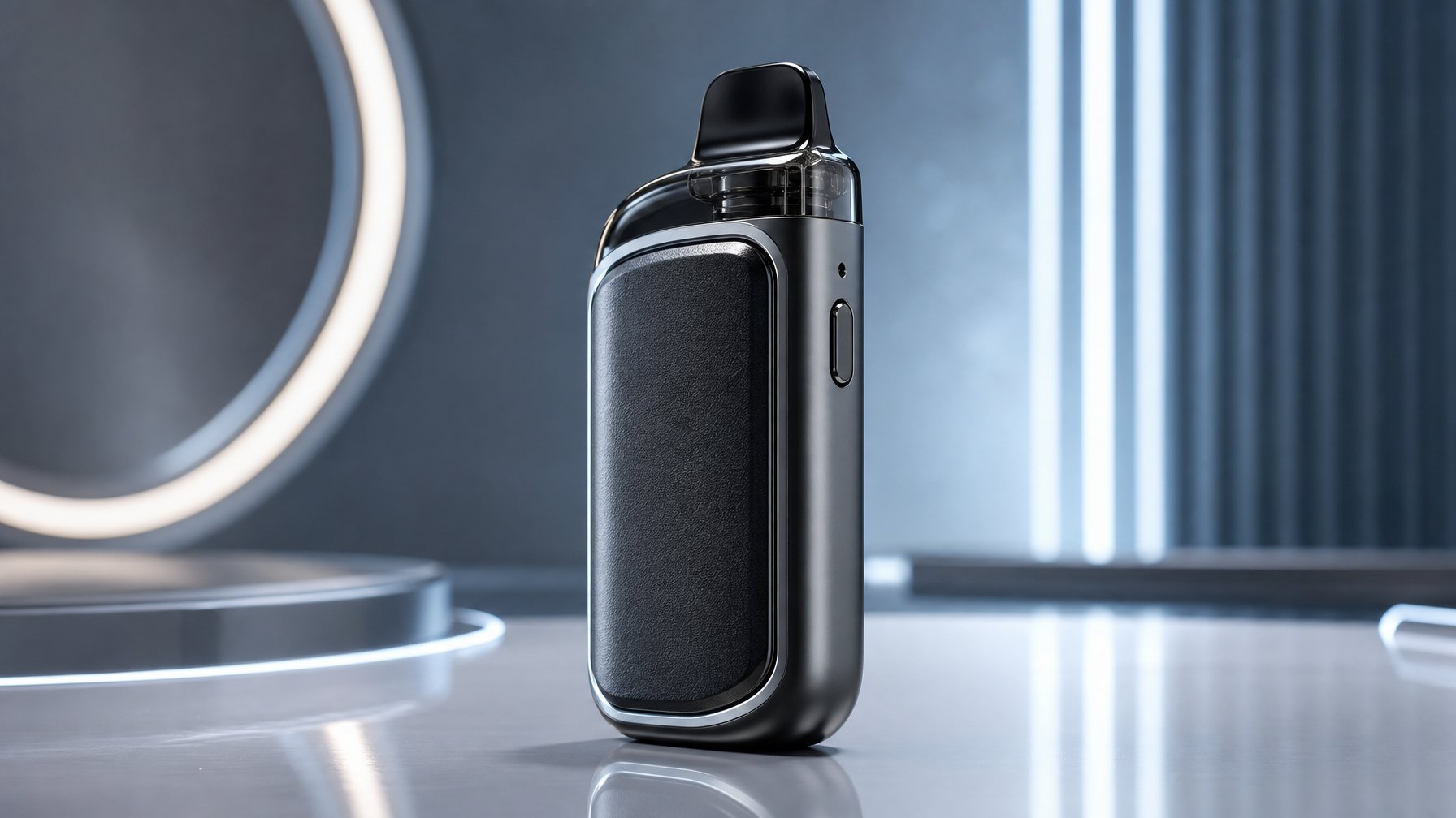 Perangkat vape sekali pakai modern dengan desain ramping dan kapasitas tinggi diletakkan di permukaan minimalis dengan latar belakang futuristik.