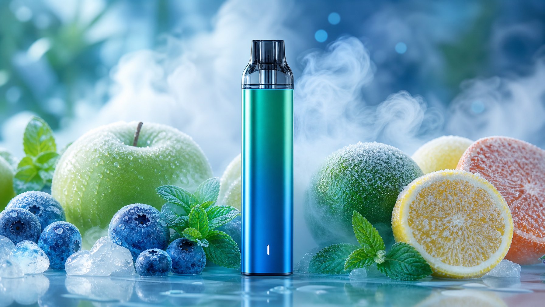 Perangkat vape modern dengan uap dingin dan buah-buahan segar berlapis es di sekitarnya.