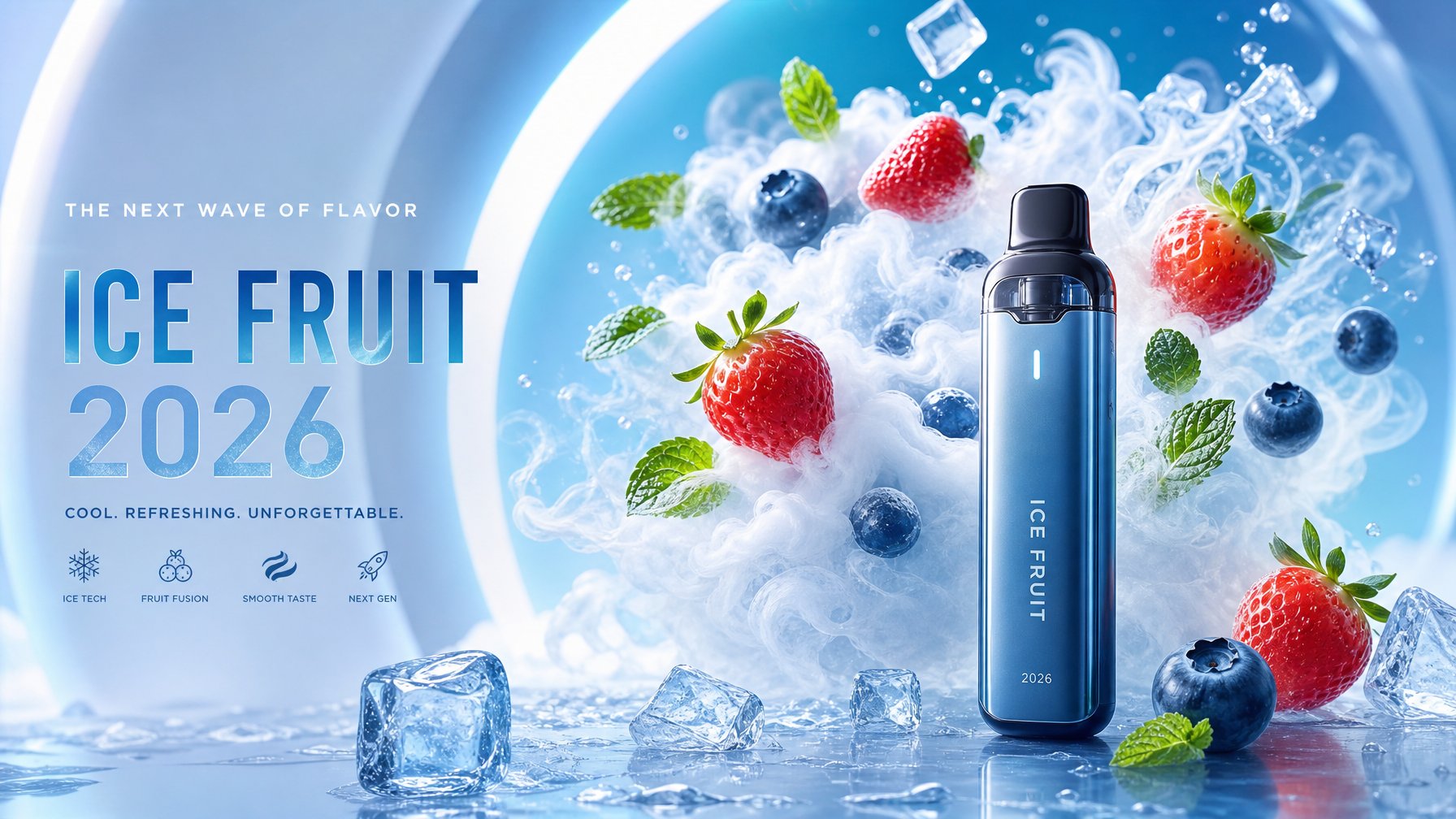Perangkat vape modern dengan uap yang mengandung buah segar seperti stroberi, blueberry, dan daun mint, menggambarkan rasa vape ice Fruit tahun 2026.