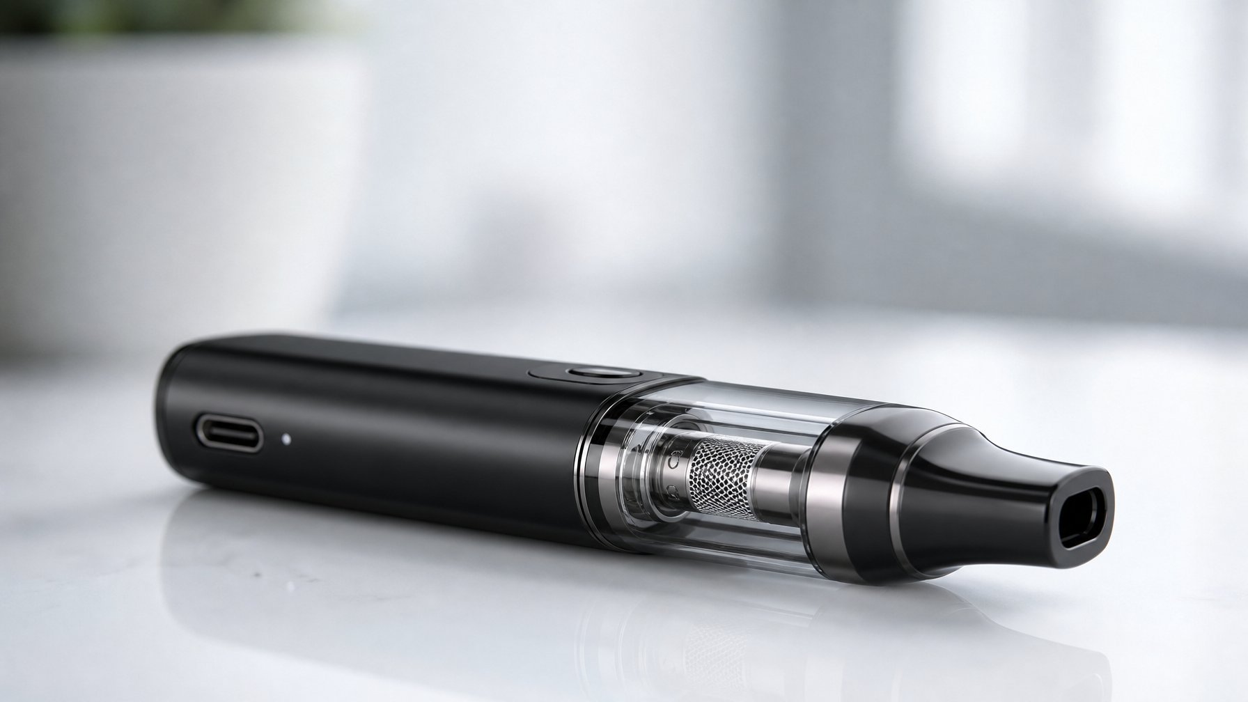 Sebuah perangkat vape modern dengan port pengisian USB-C dan koil mesh terlihat jelas, diletakkan di atas permukaan putih bersih.