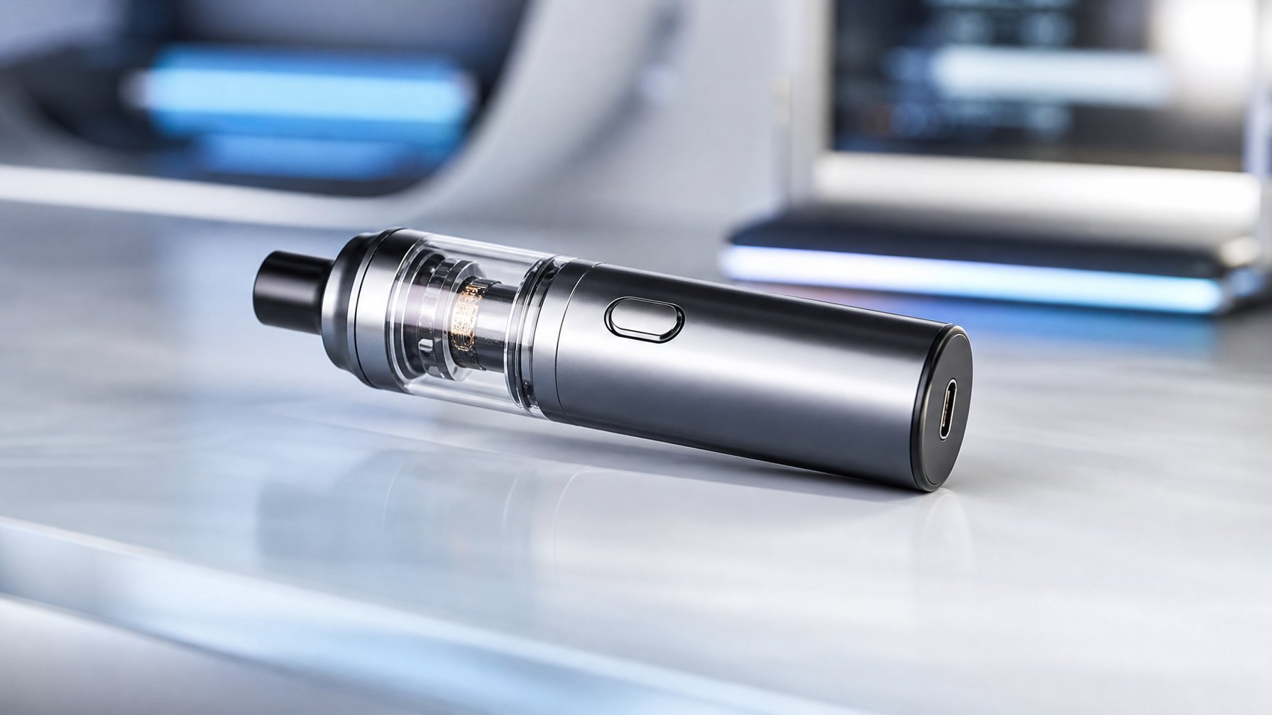 Foto vape modern dengan port USB-C dan coil mesh terlihat jelas, diletakkan di atas permukaan bersih dengan latar belakang samar teknologi futuristik.