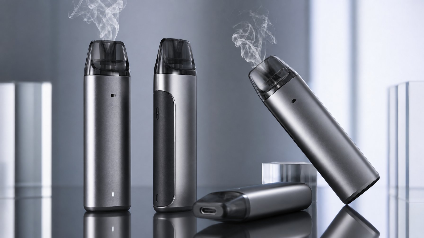 Foto perangkat vape pod terbaru tahun 2026 dengan desain modern dan fitur anti bocor, diletakkan di atas permukaan bersih dengan latar belakang minimalis.