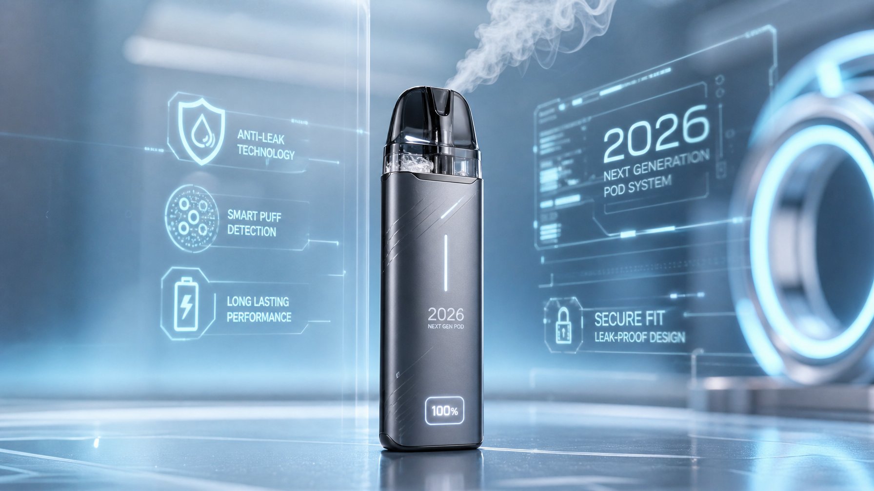 Sebuah perangkat vape pod terbaru tahun 2026 dengan desain modern diletakkan di atas permukaan reflektif, mengeluarkan uap tipis, dengan latar belakang buram berwarna biru dan perak.