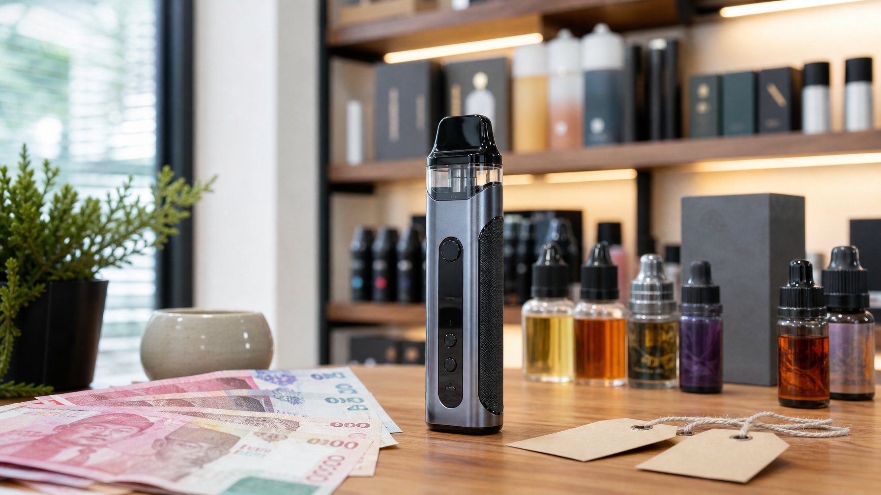 Sebuah perangkat vape modern di atas meja kayu dengan uang rupiah dan botol cairan vape di latar belakang.