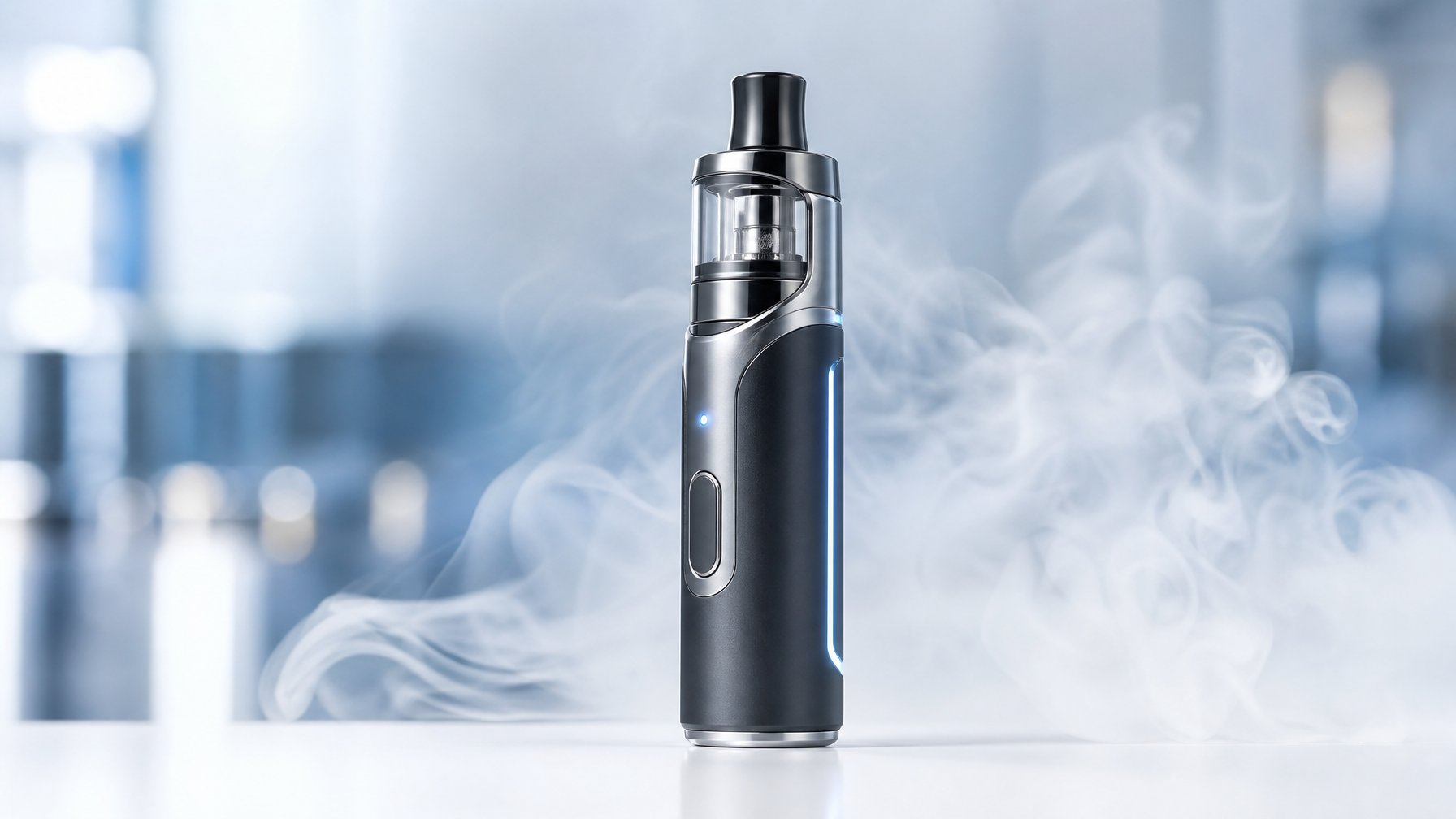 Sebuah perangkat vape modern berwarna hitam dan metalik dengan uap yang lembut di sekitarnya, diletakkan di atas permukaan putih dengan latar belakang buram berwarna biru dan perak.