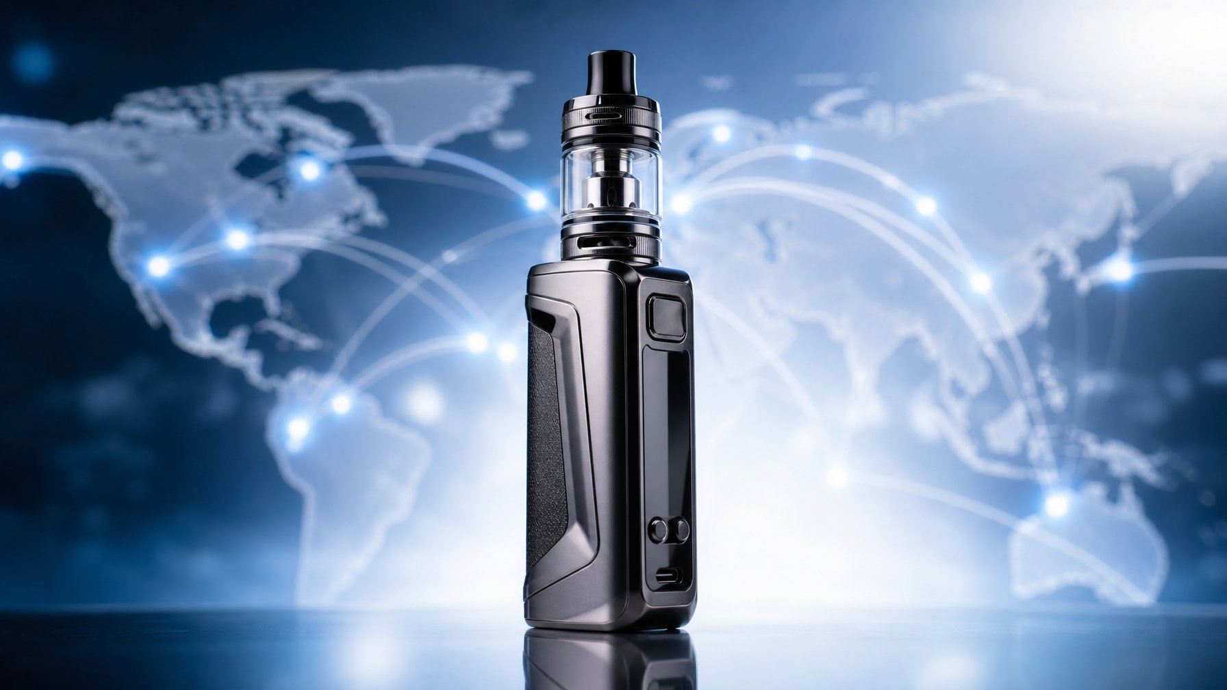 Perangkat vape modern dan elegan diletakkan di atas permukaan reflektif dengan latar belakang peta dunia samar yang menunjukkan koneksi global.
