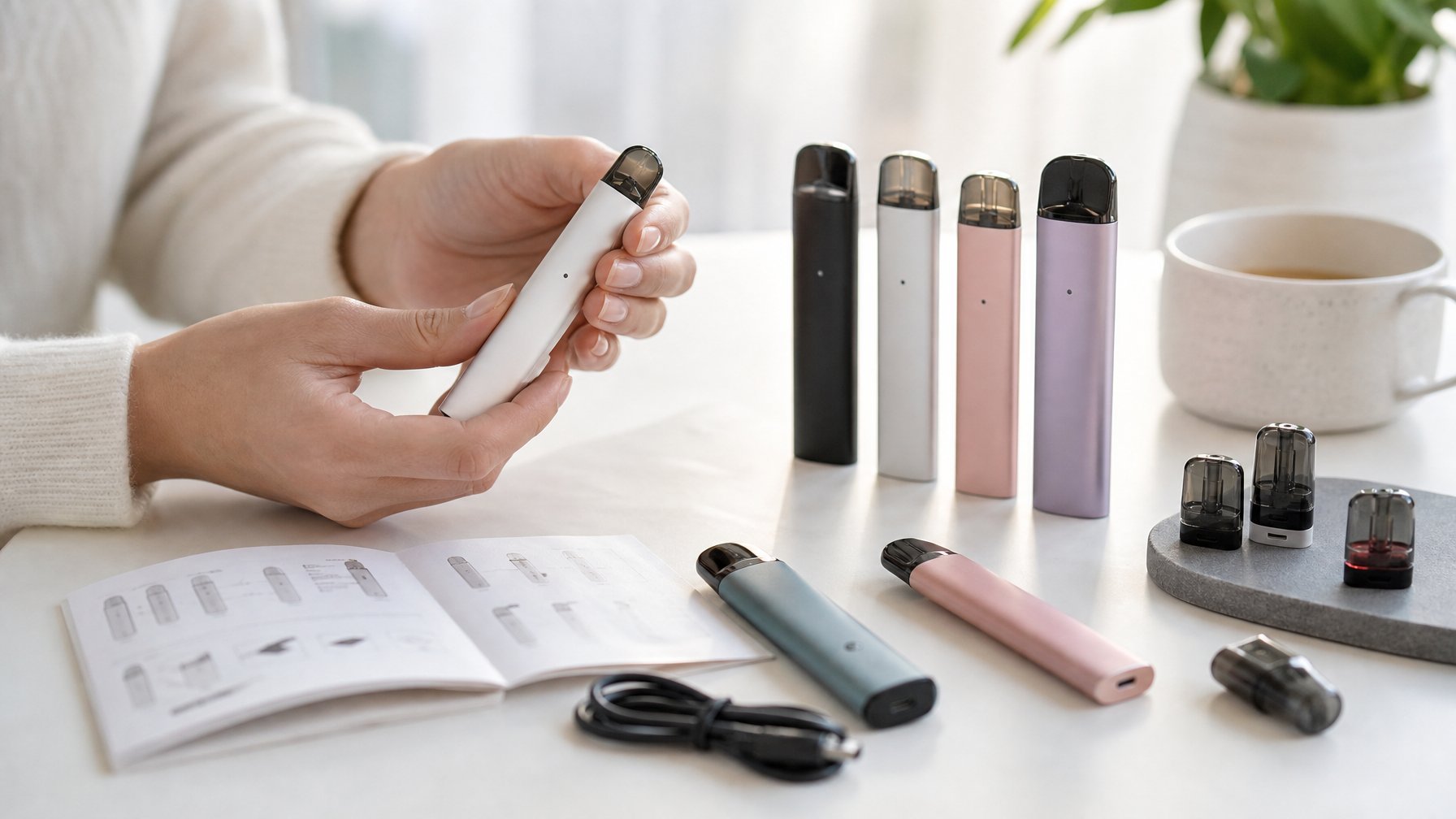 Beberapa perangkat vape modern dan sederhana untuk pemula tahun 2026 diletakkan rapi di atas meja putih dengan pencahayaan alami.