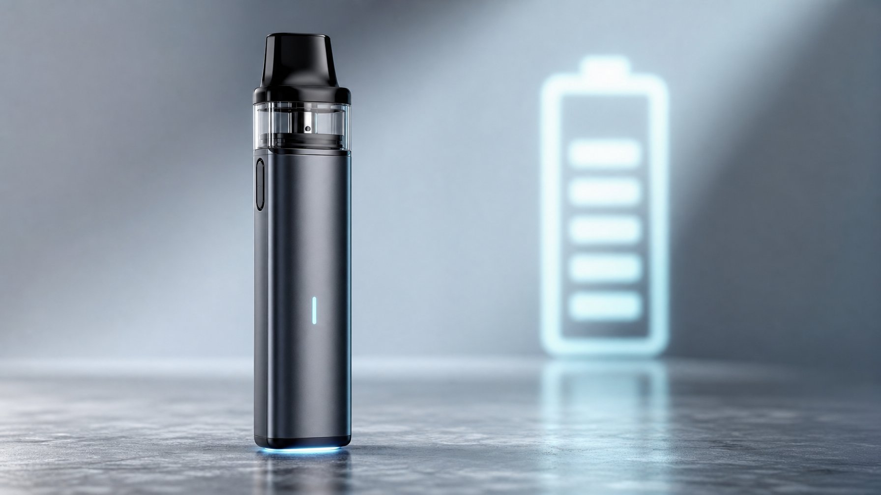 Sebuah perangkat vape modern dengan desain futuristik diletakkan di atas permukaan bersih dengan pencahayaan lembut, menonjolkan daya tahan baterai yang lama.