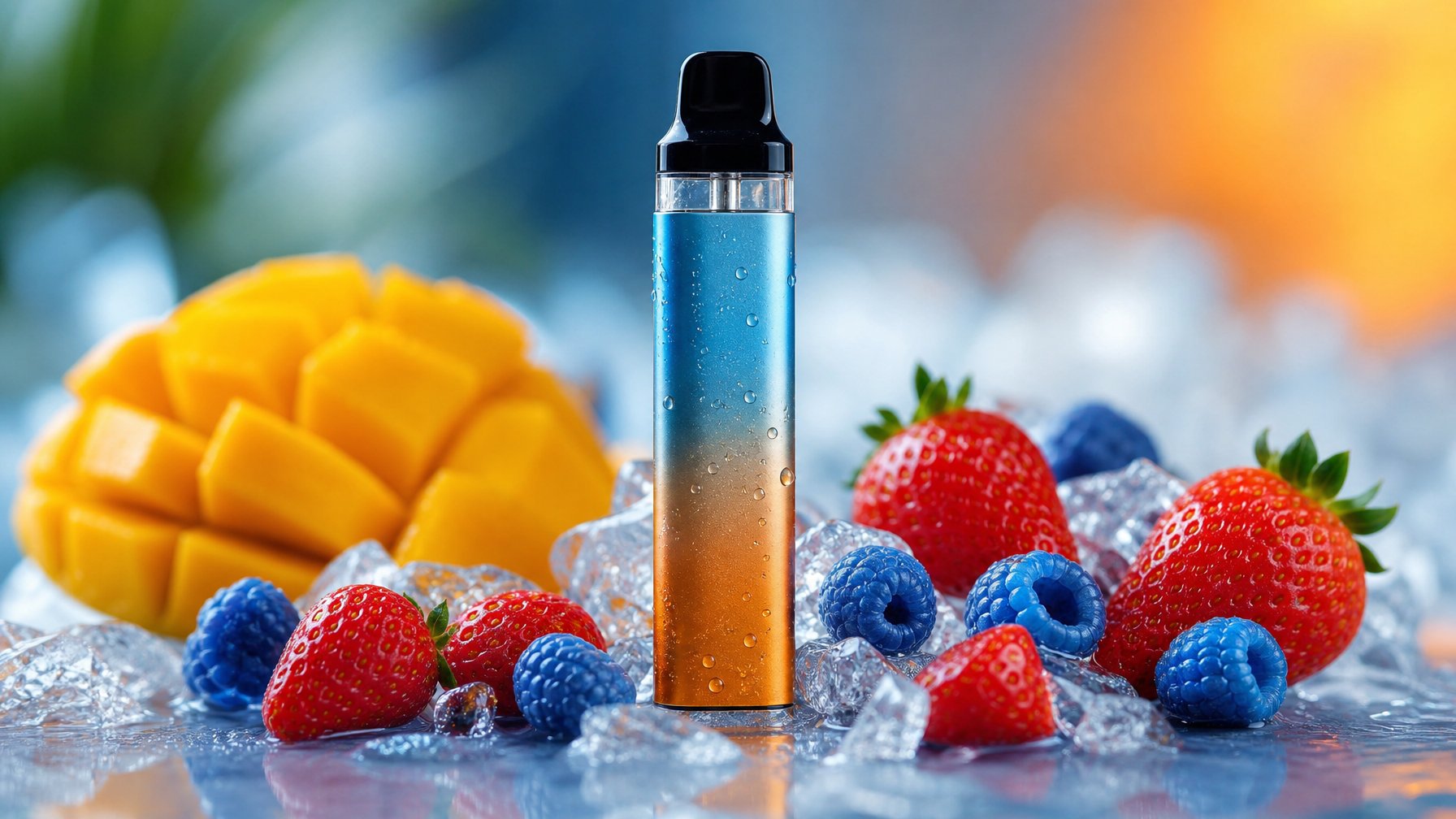 Sebuah perangkat vape modern dikelilingi oleh potongan mangga, stroberi, dan buah blue raspberry dengan es di atas permukaan reflektif.