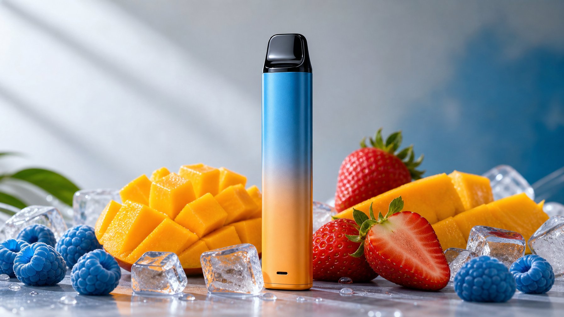 Perangkat vape dengan irisan mangga, stroberi, dan raspberry biru segar dengan es di sekitarnya.