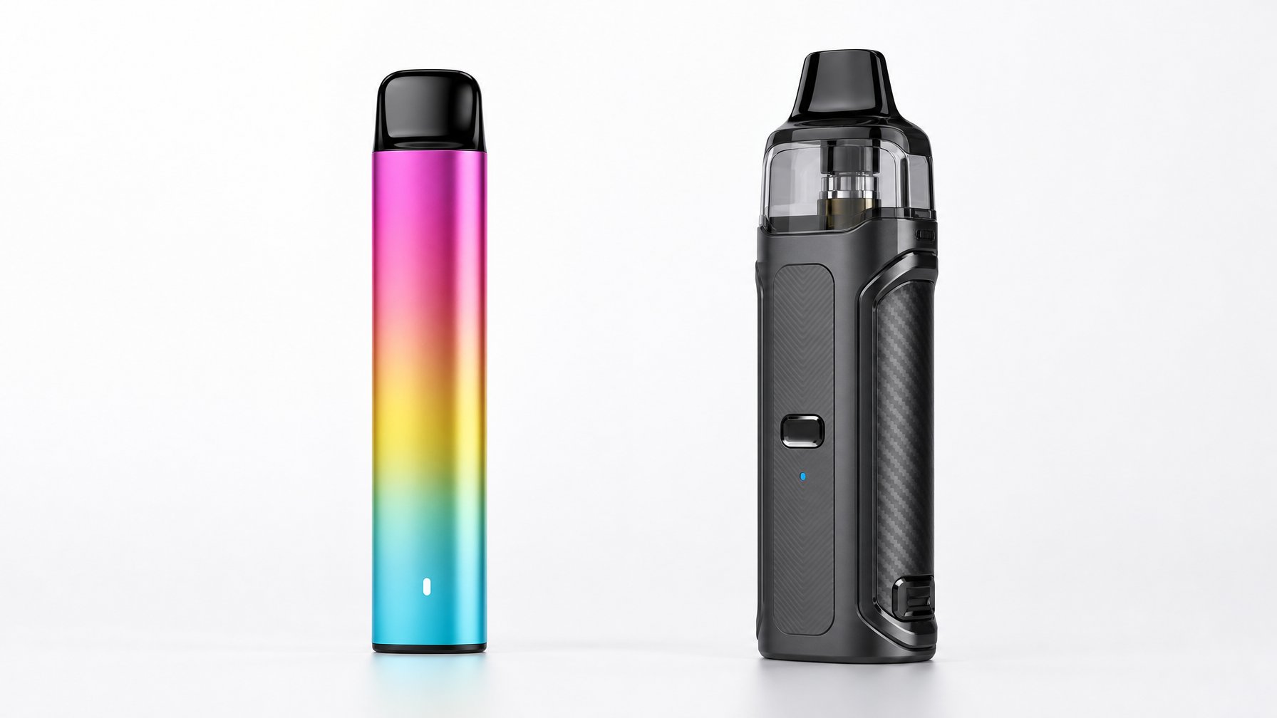 Dua perangkat vape modern tahun 2026, satu vape sekali pakai dan satu sistem pod terbaru, diletakkan berdampingan di atas latar putih.