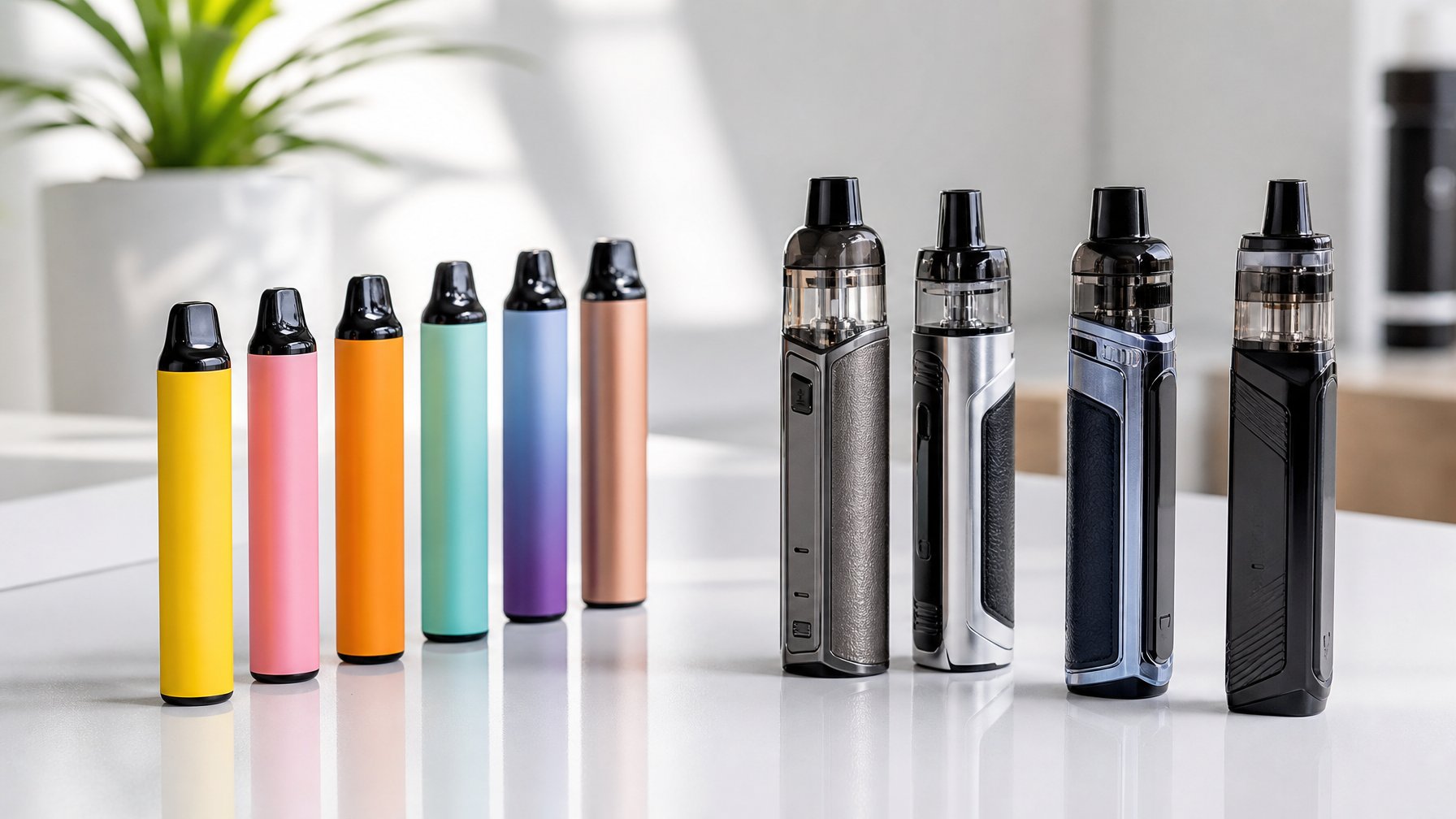 Beberapa perangkat vape sekali pakai dan sistem pod terbaru tahun 2026 diletakkan berdampingan di atas meja putih dalam pencahayaan alami.