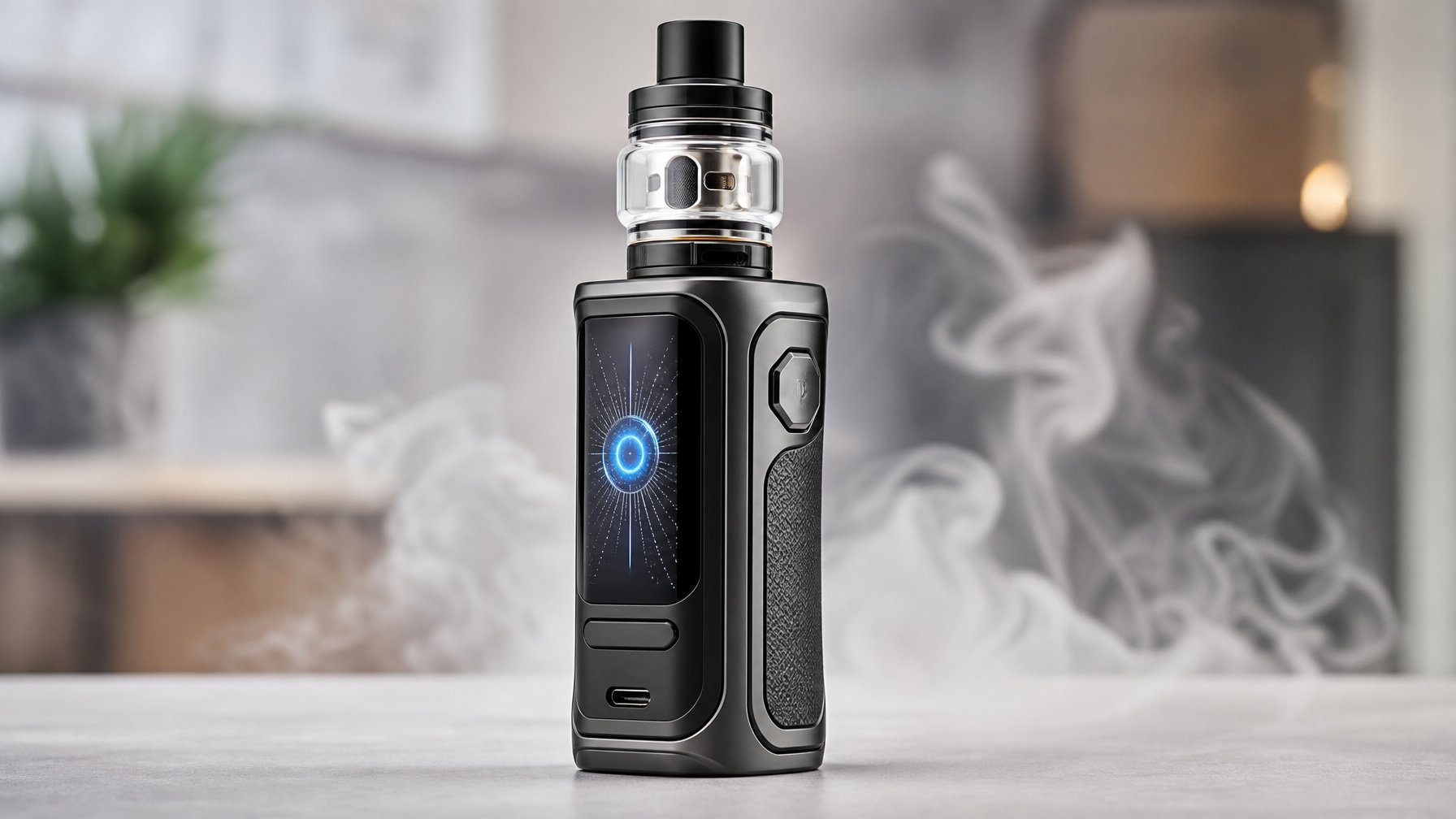 Perangkat vape modern dengan uap tipis di atas permukaan bersih, latar belakang buram.