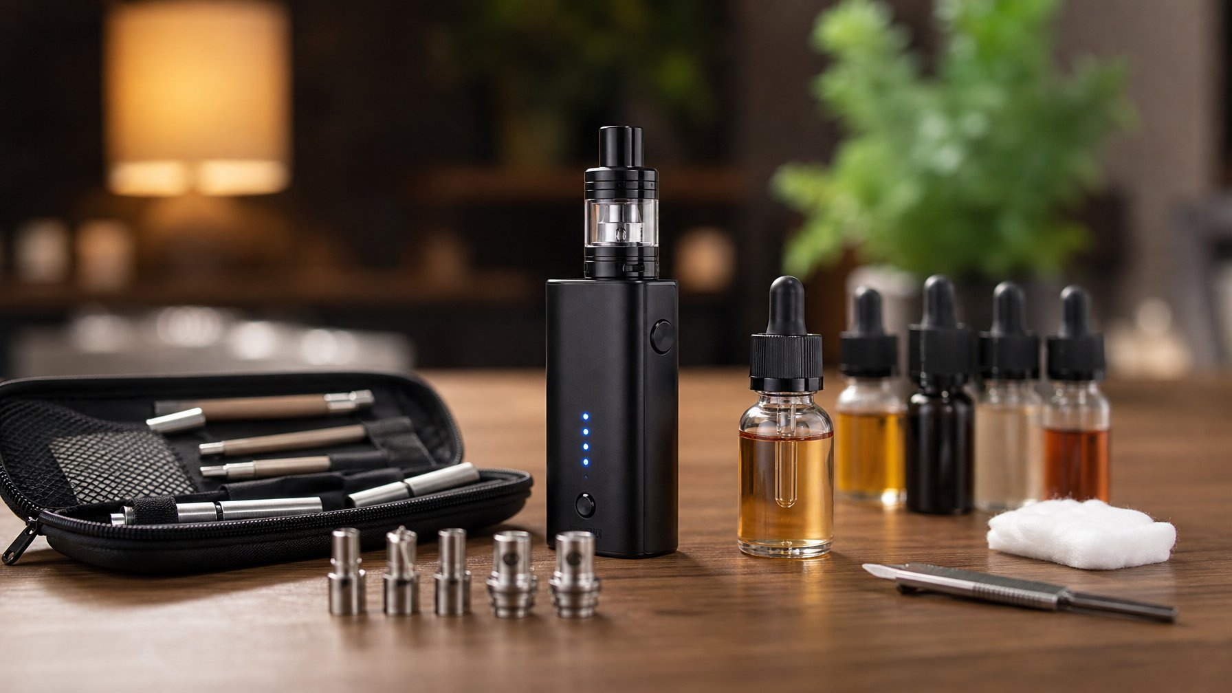 Sebuah perangkat vape mod modern diletakkan di atas meja kayu dengan beberapa aksesori vape di sekitarnya dalam ruangan yang hangat dan nyaman.
