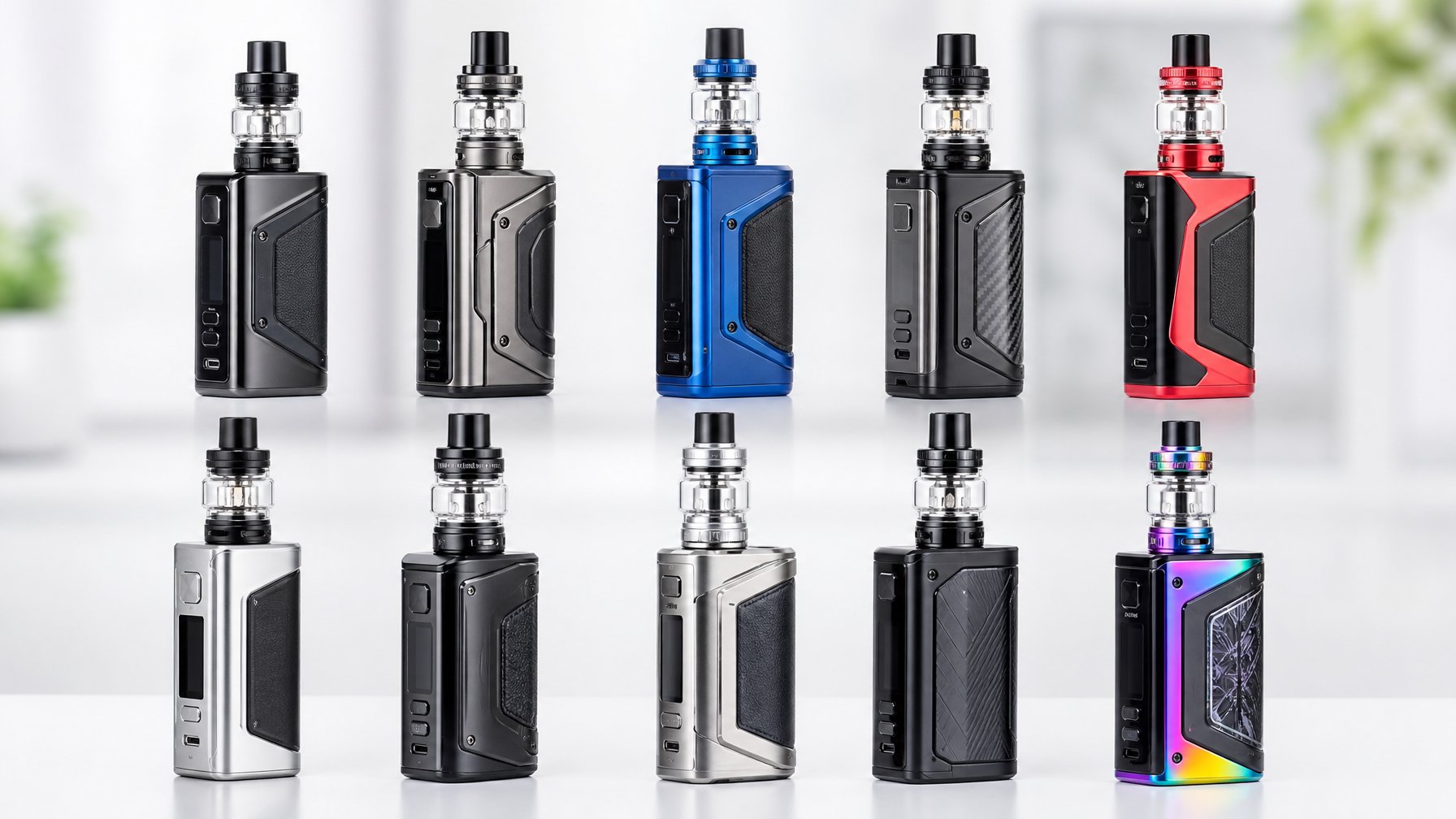 Sepuluh vape mod modern dan beragam warna tertata rapi di atas permukaan putih bersih.