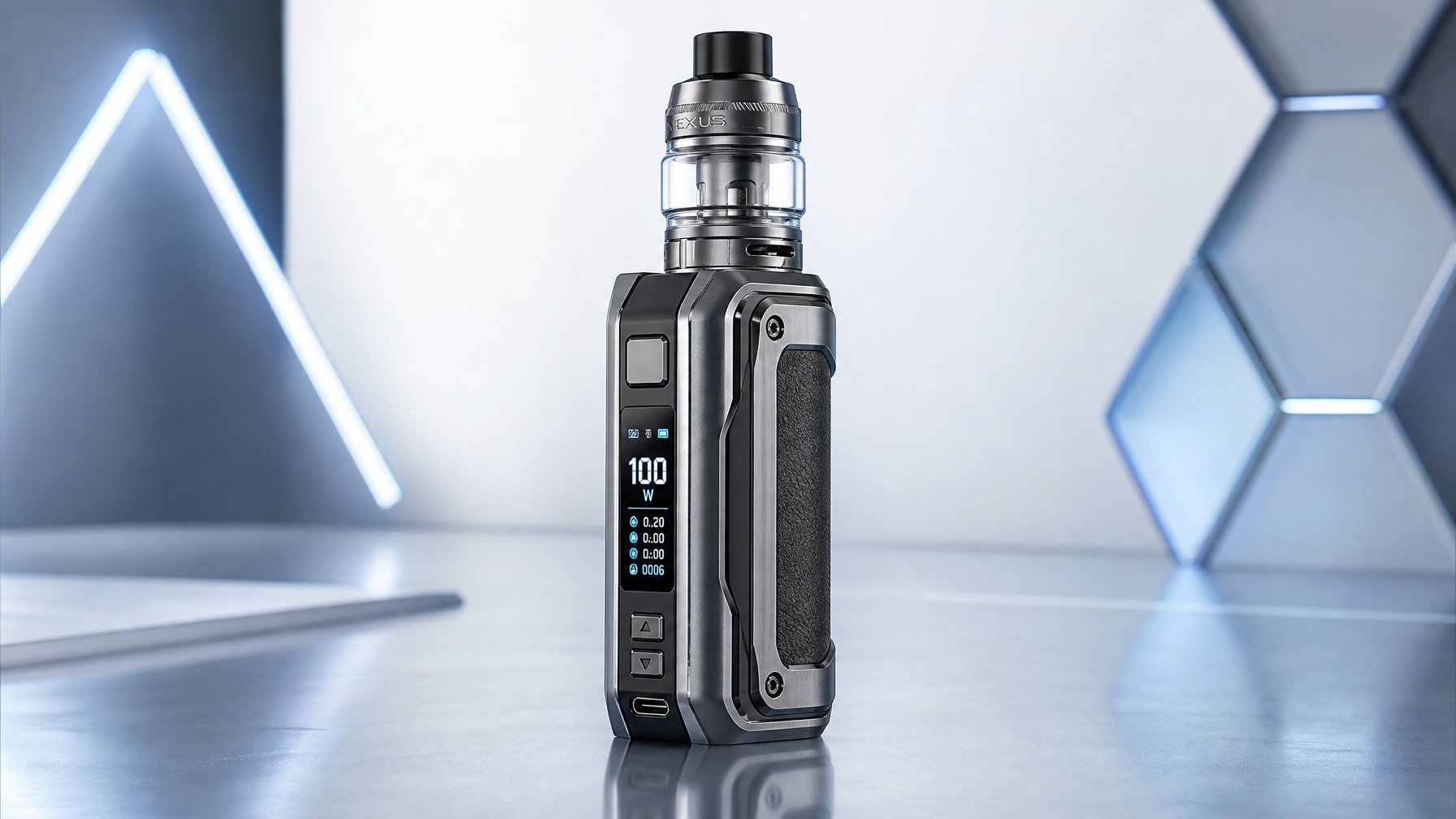 Sebuah perangkat vape box mod modern diletakkan di atas permukaan bersih dengan pencahayaan terang.