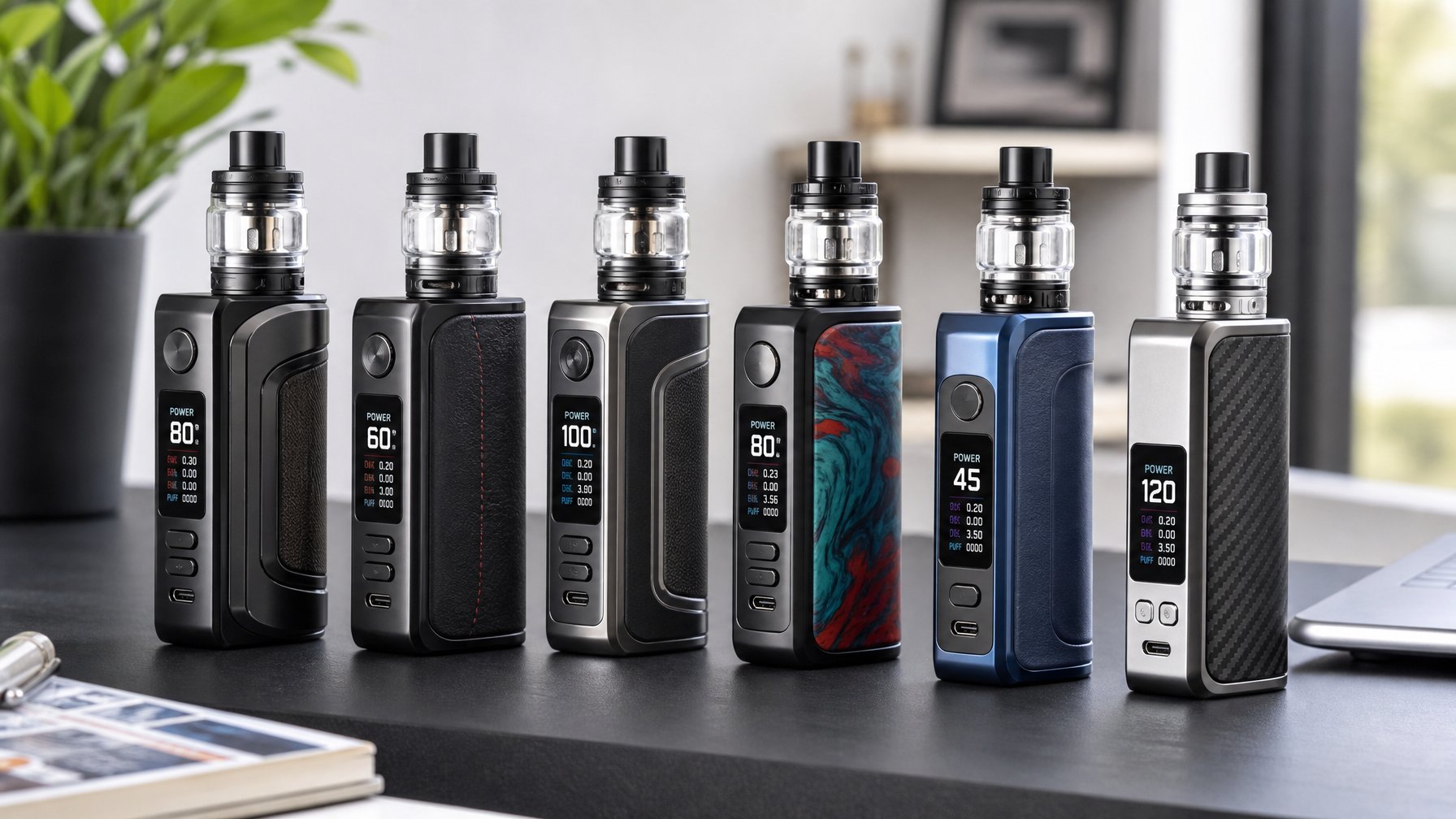 Beberapa mod vape box murah dengan desain berbeda yang diletakkan rapi di atas meja modern.