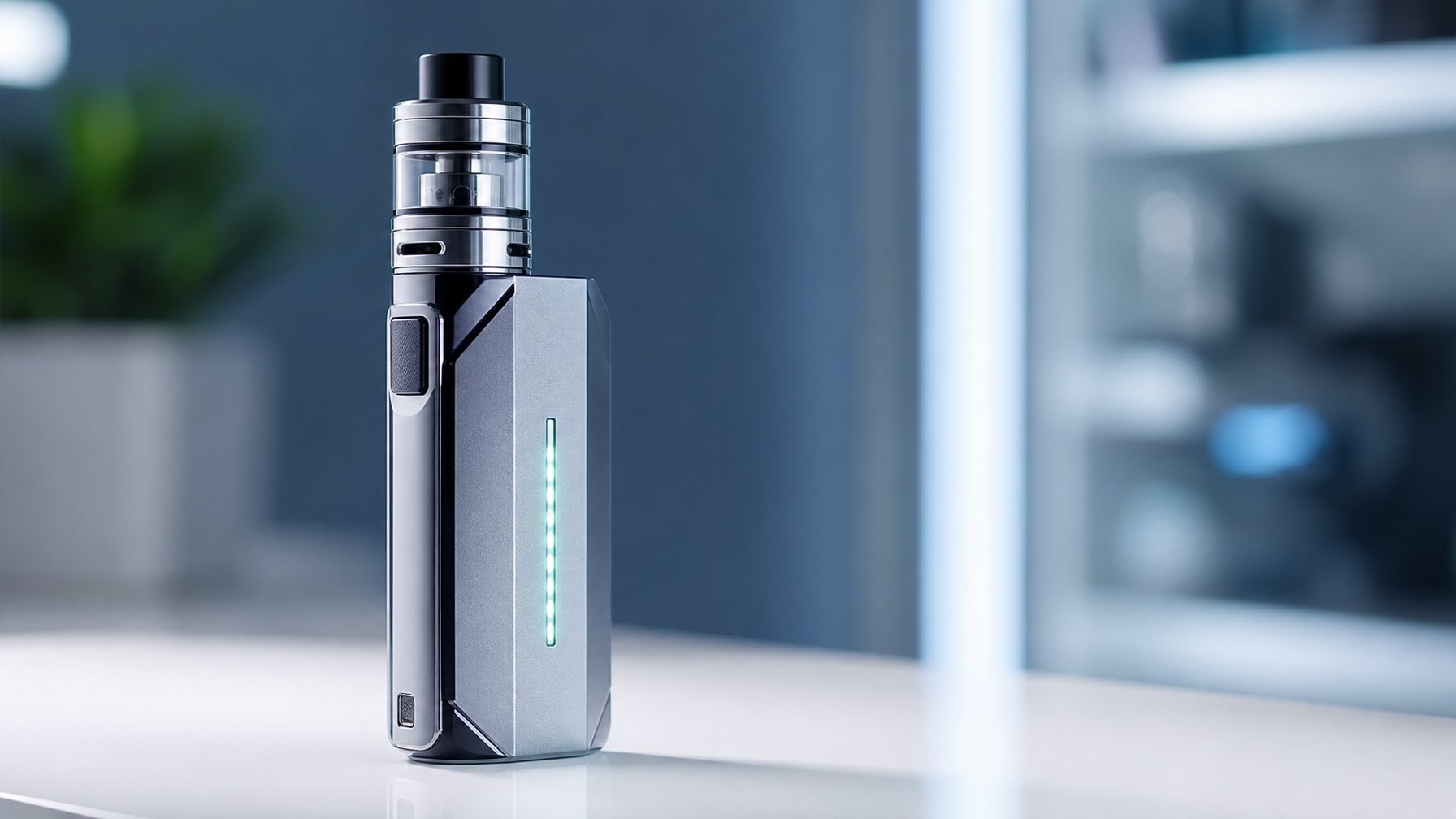 Sebuah perangkat vape mod modern dengan indikator baterai yang menyala di atas permukaan putih bersih.