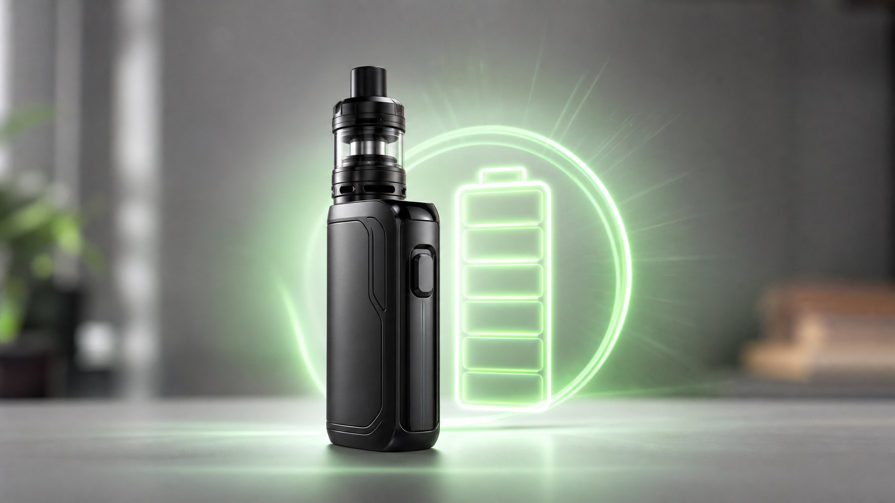 Sebuah perangkat vape mod modern yang Ditempatkan di atas permukaan bersih dengan latar belakang buram, menonjolkan desain yang ringkas dan daya baterai yang tahan lama.