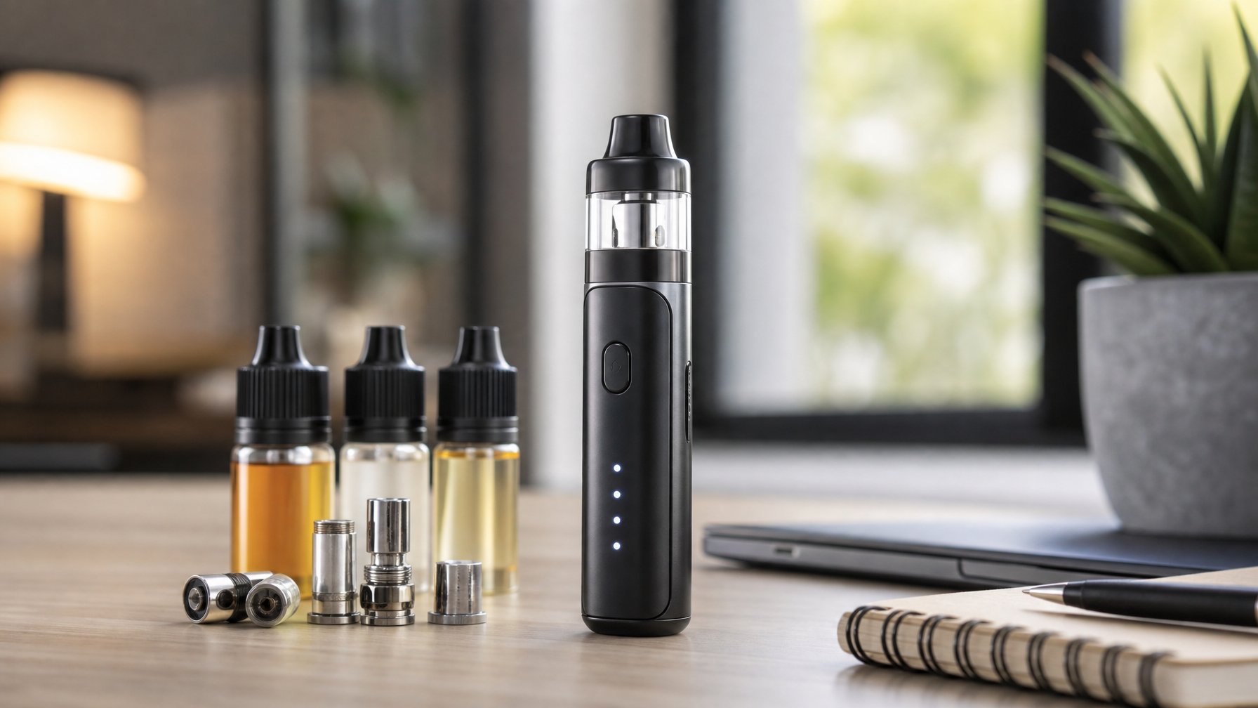 Perangkat vape modern yang Ditempatkan di atas meja dengan aksesori vape di sekitarnya dalam suasana ruangan yang nyaman.