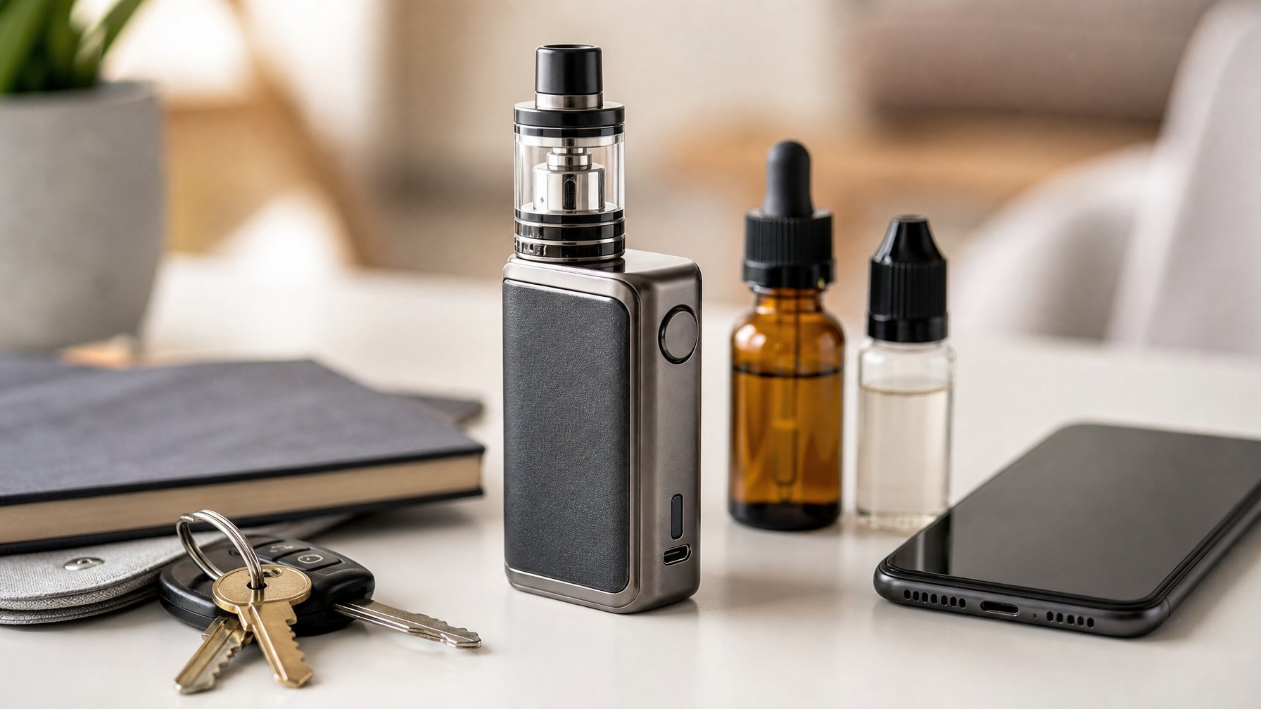 Sebuah perangkat vape mod modern diletakkan di atas permukaan bersih dengan beberapa benda sehari-hari di sekitarnya.